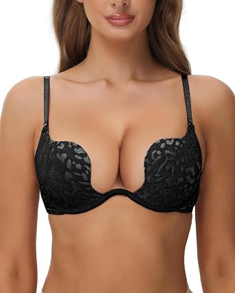 Womens Deep Plunge Bra Push Up Bra Underwire Leopard Lace Bras