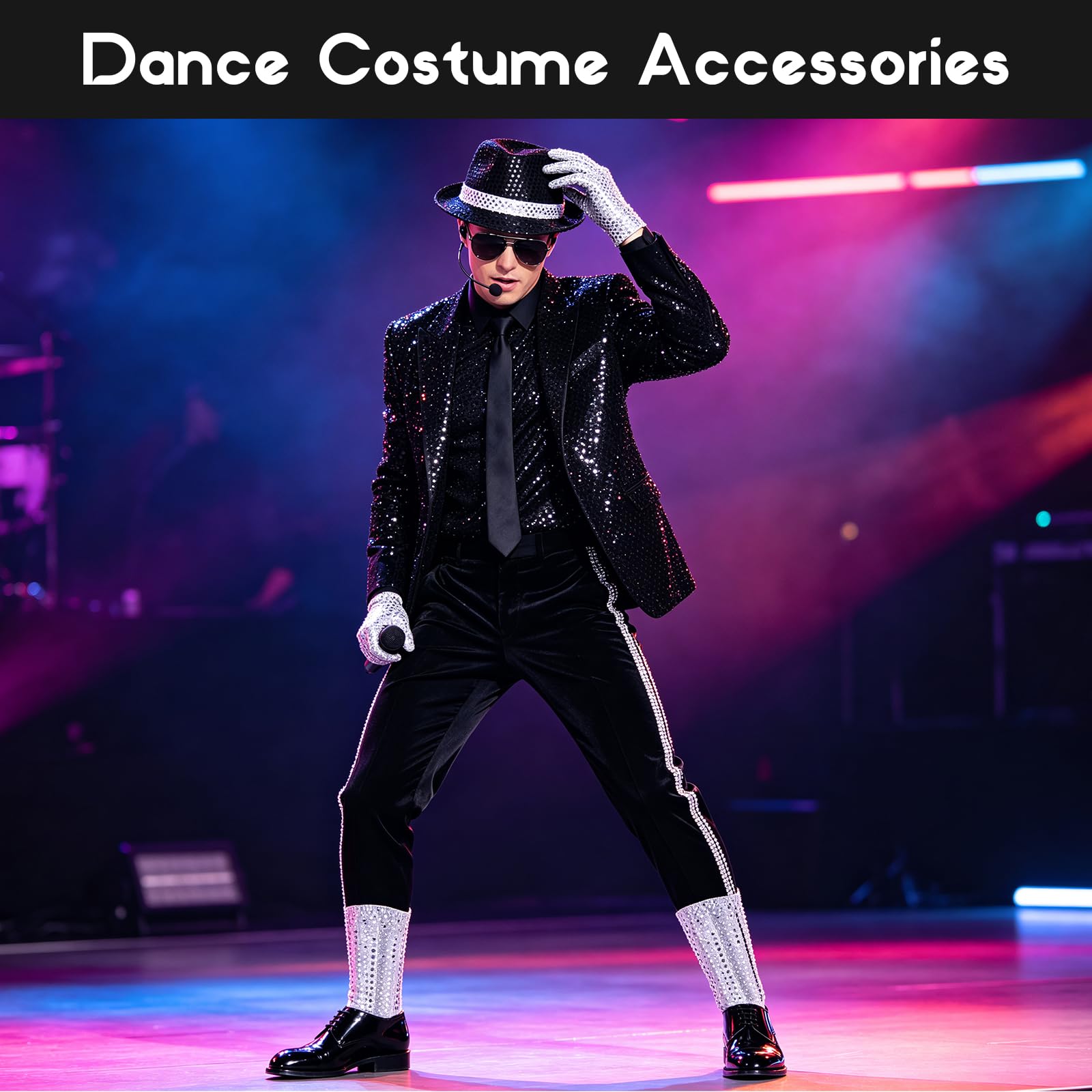7PCS Accessoires de Costume MJ pour Adultes, Chapeau Paillette Micro-casque Lunettes de Soleil Gants à Paillettes Chaussettes Argentées, 80s Danseur Rock Pop Star Cosplay Kits de Déguisement Halloween