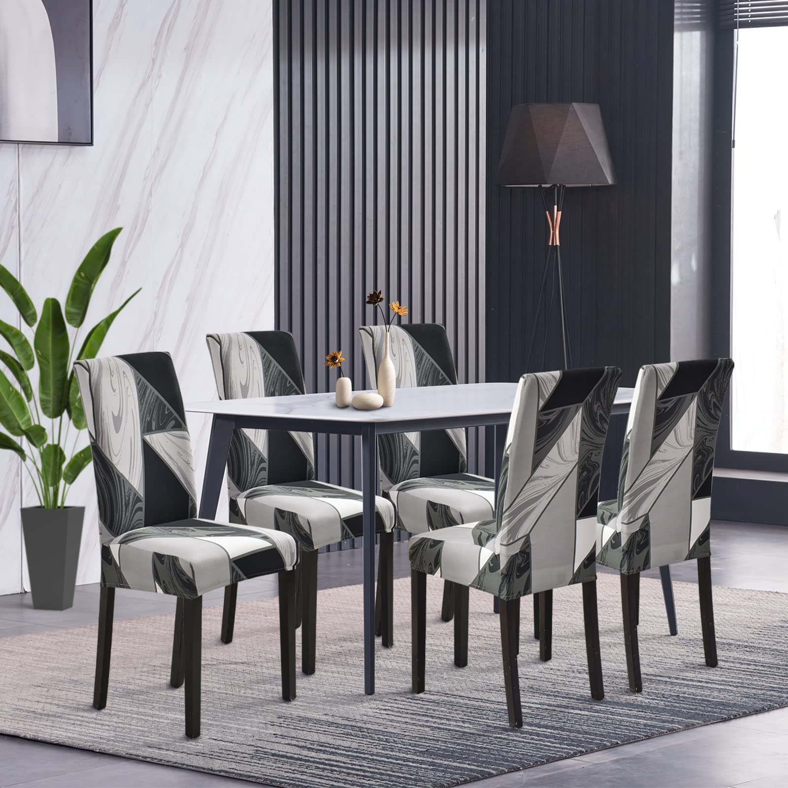 Jaotto Coprisedie con Schienale Impermeabile 4 Pezzi, Fodere Coprisedia Elasticizzati con Schienale per Sala da Pranzo, Moderna Vestisedia Lavabile Estraibile per Cucina Casa(Geometria Nera,4 Pezzi)