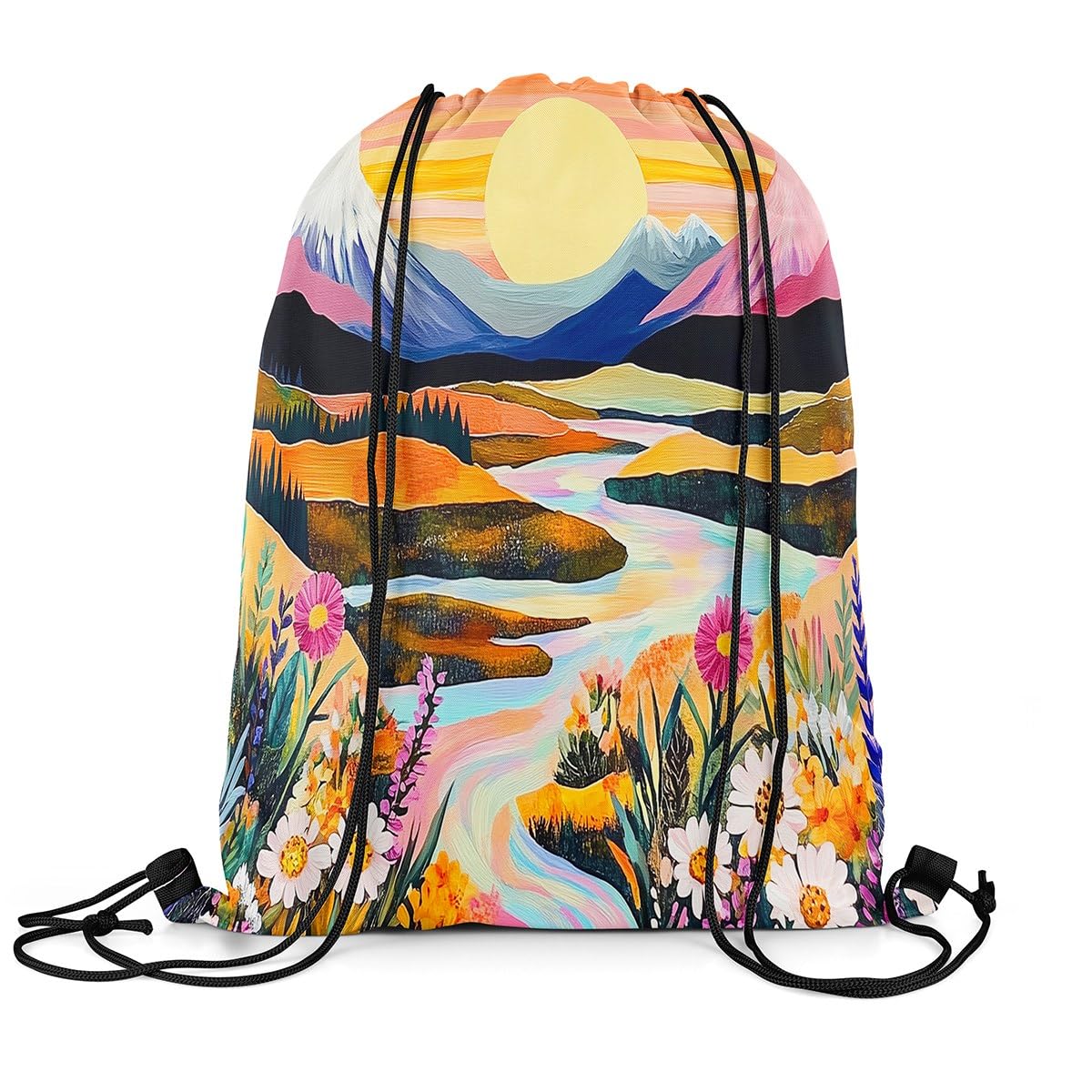 Loussiesd Colorful Nature Landscape Drawstring Backpack 40x33cm Boho Floral River Sports Gym String Bag Abstract Mountain Sun Drawstring Bags Waterproof Cinch Bag Sports Drawstring Sackpack