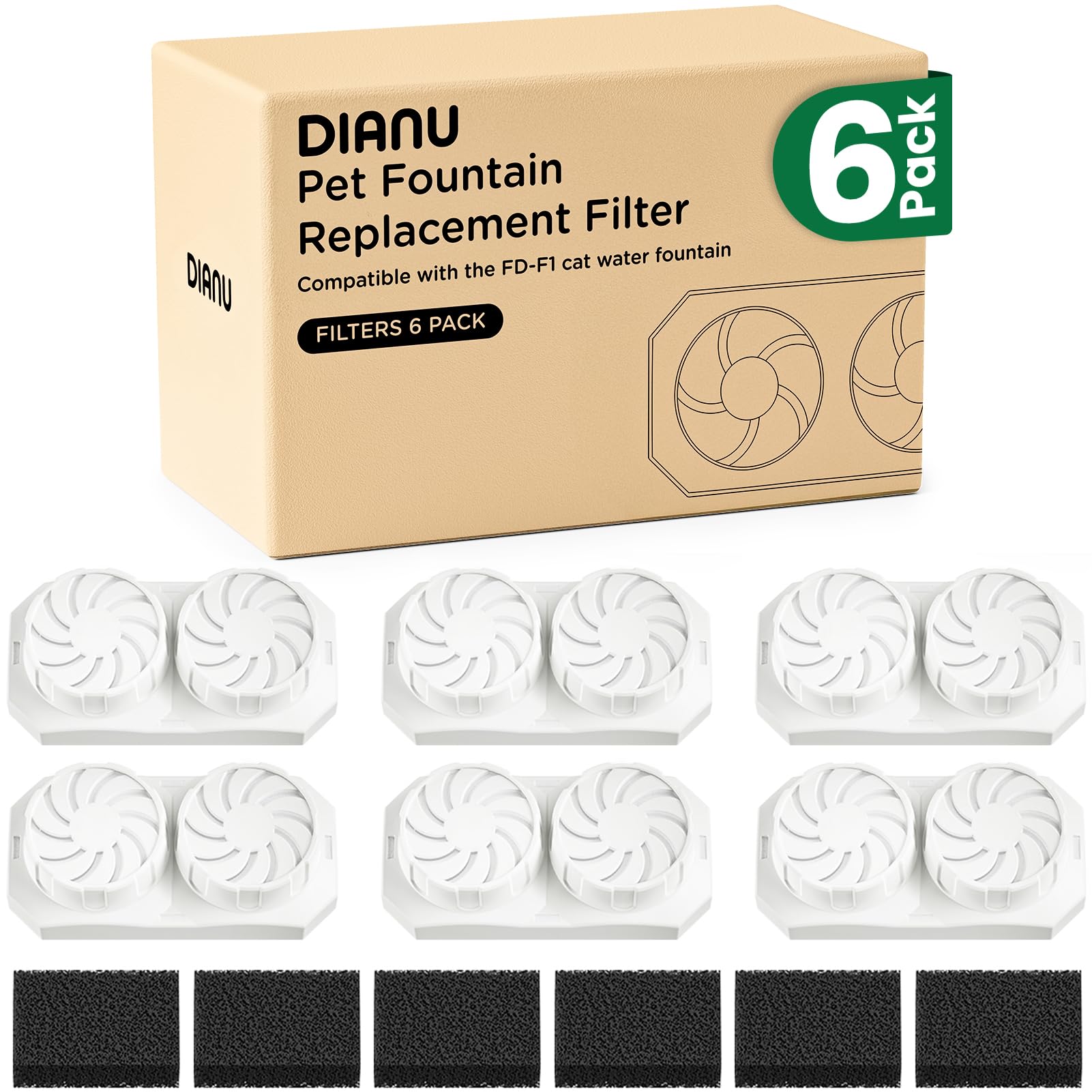DIANU Official Cat Water Fountain Replacement Filters & Pre-Filter Sponges for 3.2L/108oz Stainless Steel Pet Fountain (Six Pack)
