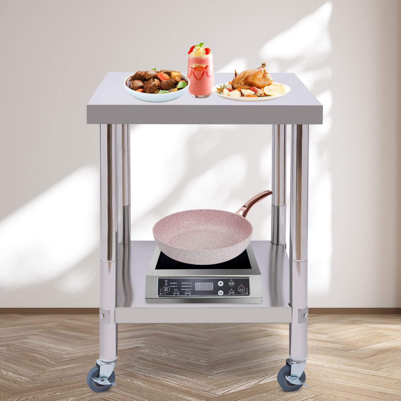Tavolo da lavoro in acciaio inox, carrello servizio 60x60 cm, 2 livelli, 300 kg, adatto per cucine, hotel, panetterie, ristoranti