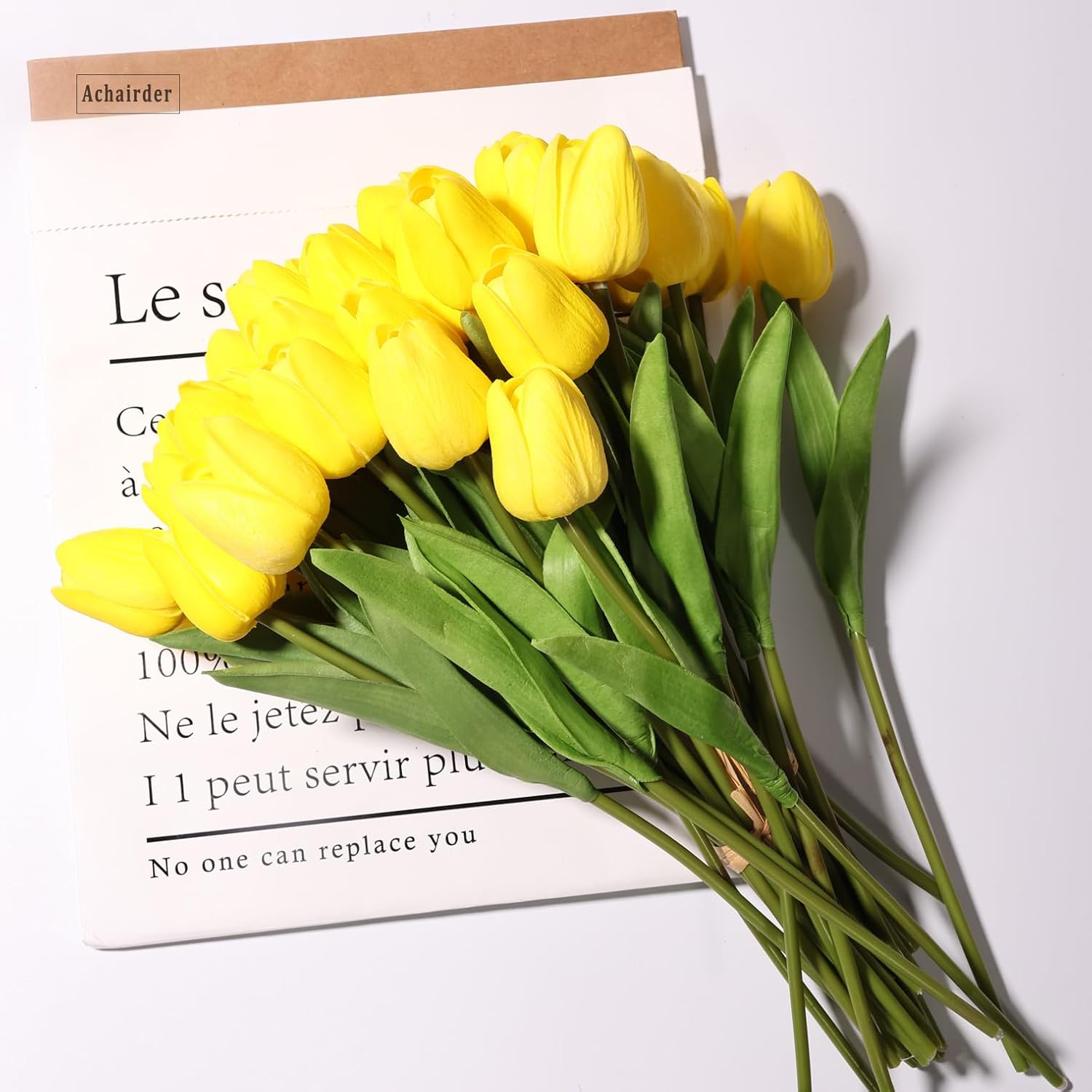 30pcs Tulips Artificial Flowers, Artificial Latex Real Touch Tulips Flowers Bouquet for Mother's Day Easter Wedding Party Home Decor-Yellow