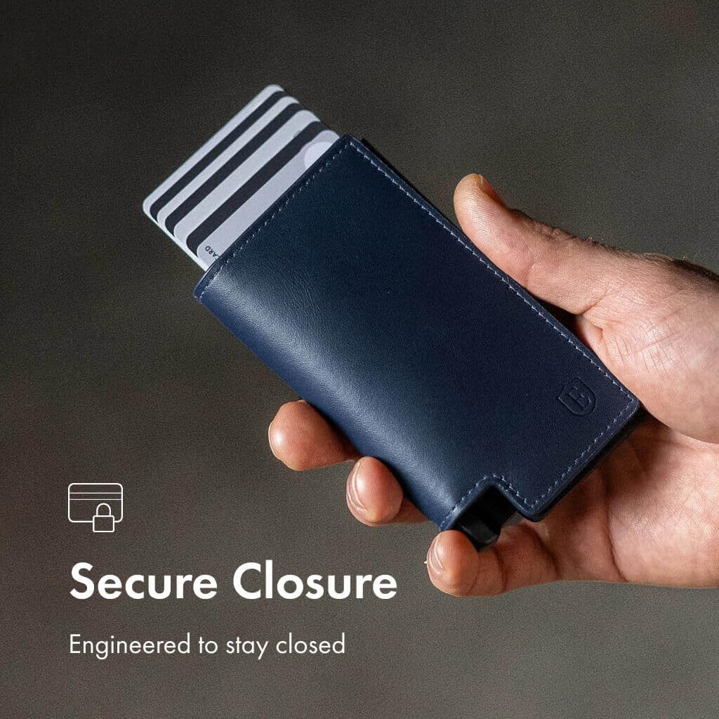 Ekster Men's Wallet PRO | RFID Blocking Parliament Leather Minimalist Wallet | Holds 14 Cards & Cash | Slim Cardholder for Men w/Push Button Designed for Quick Card Access | Navy