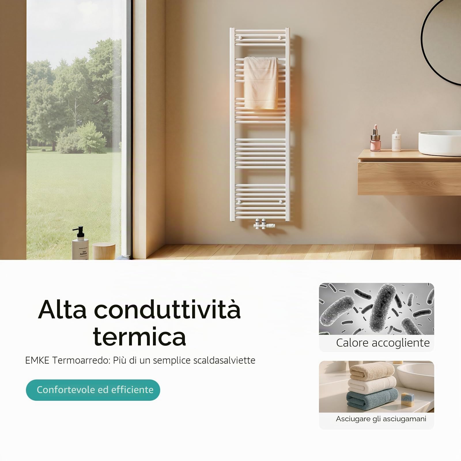 EMKE TR1240W-NEW Termosifone da Bagno, Acciaio Inossidabile, Acqua Calda, 1200 x 400 mm Weiß