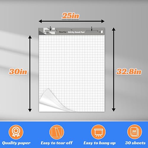 Miniatura 5 de Nortix Almohadilla de caballete pegajoso, 25 x 30 pulgadas, papel de cuadrícula autoadhesiva grande, mejorado y versátil con superficie de borrado