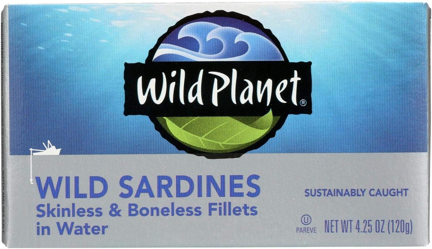 Wild Planet Wild Sardines in Water, Sea Salt, Skinless & Boneless, Tinned Fish, Sustainably Wild-Caught, Non-GMO, Kosher, Gluten Free, Keto and Paleo, 4.25 Ounce (Pack of 12)