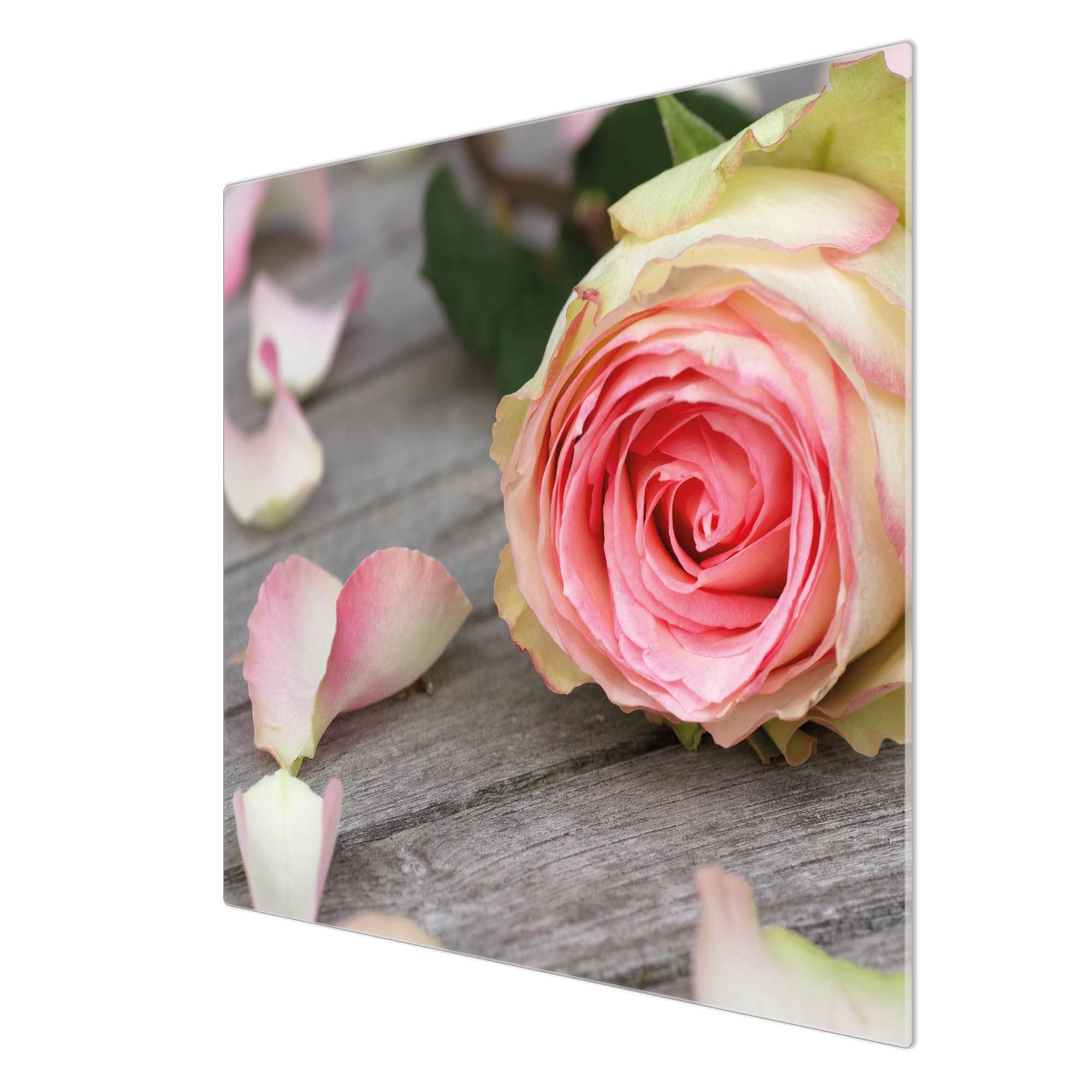 banjado Kochfeldabdeckung Glas mit Blumen und Pflanzen Design frisch 60x52 cm einteilig, hitzebeständige Herdabdeckplatte mit Gumminoppen, Schneidebrett für Küche und Ceranfeld, mit Motiv Rosa Rose