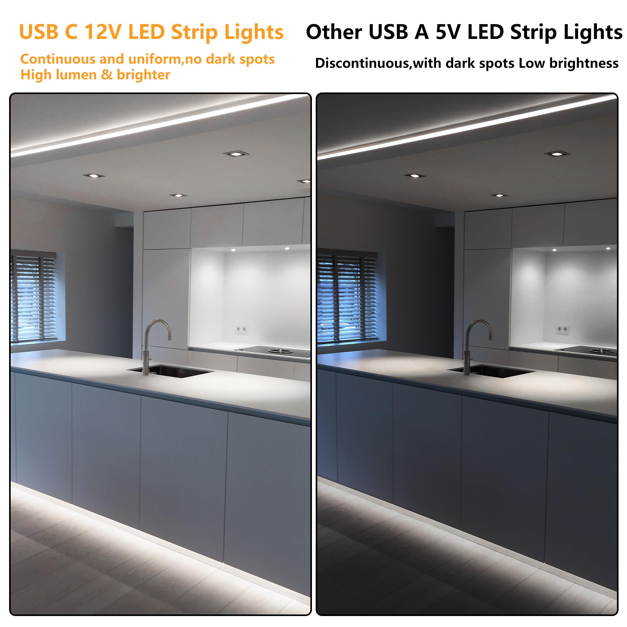 Taśma świetlna LED 5 m, 12 V, zimna biel, USB C, zasilana przez typ C, elastyczna taśma LED, zasilane przez USB, do sypialni, szafki, lustra, kabel USB-C o długości 0,3 m, w zestawie