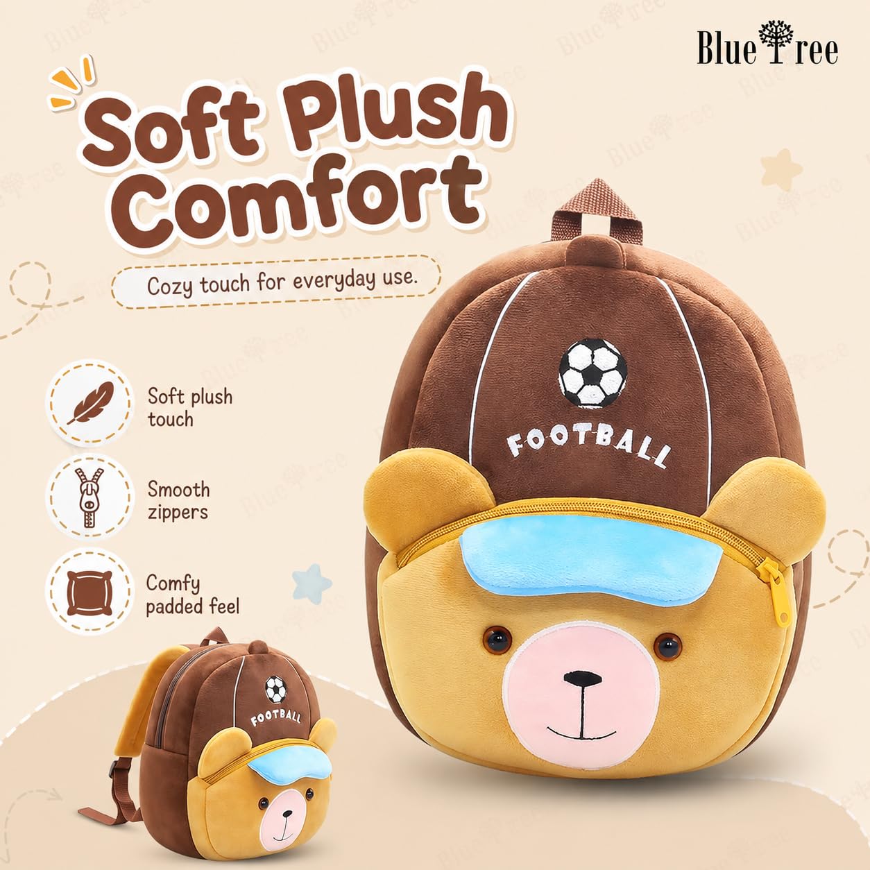 blue tree Cute Kids Backpack Toddler Bag Plush Animal Cartoon Mini Travel Bag for Baby Girl Boy 1-6 Years, Ideal for Gifting for Kids (Football Brown) 1