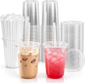 50 Set 21 oz Round Bottom Clear Plastic Cups with Lids and Straws