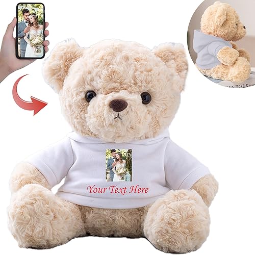 Oso de peluche personalizado con texto personalizado + imagen, oso de peluche blanco como regalo personalizado para novianovio en el día de San