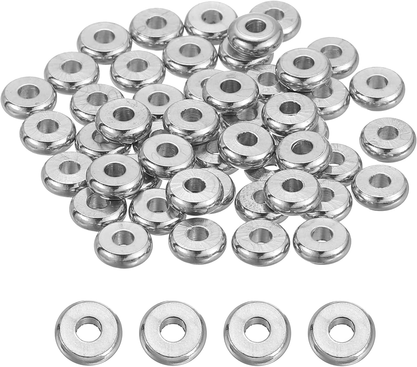 sourcing map 40 Pcs Flat Round Spacer Beads 6mm Stainless Steel Heishi Beads Rondelle Disc Loose Bead for Jewelry Making Earring Bracelet Necklace, Silver 2mm ID x 2mm H