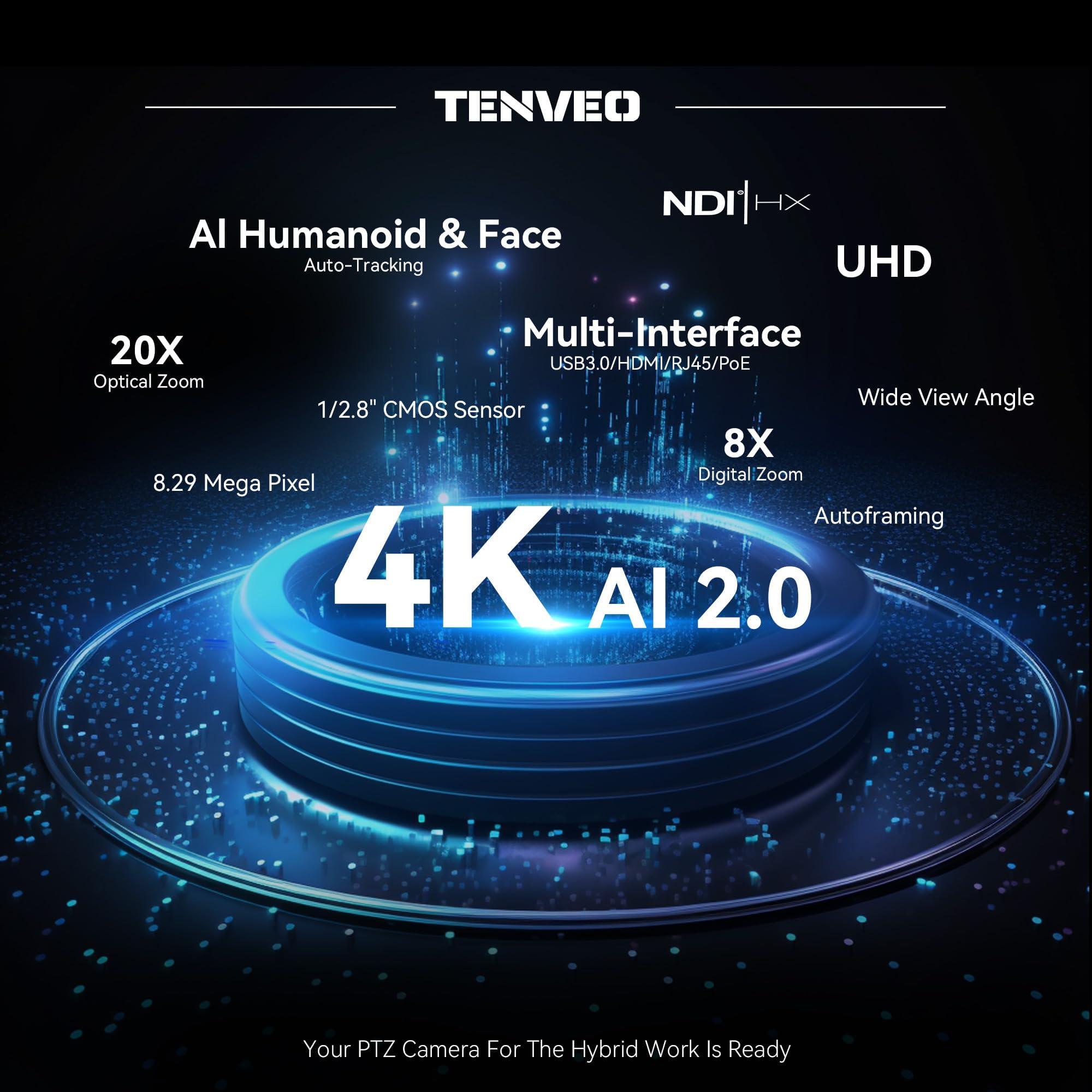 Tenveo Caméra PTZ NDI 4K Suivi Automatique IA Zoom Optique 20X USB 3.0 HDMI LAN PoE