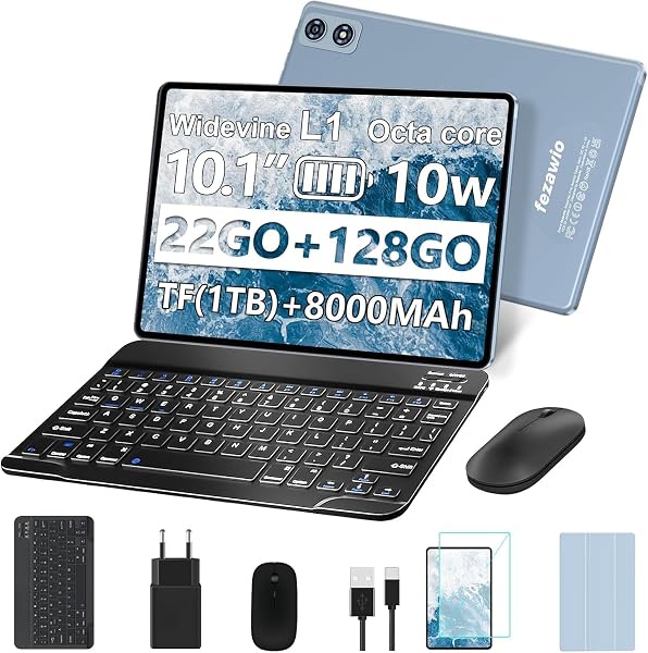 fezawio Tablette Tactile 10 Pouces Android 14, 22Go RAM+128Go ROM(Extensible 1To)|5MP+8MP|5G Wi-FI|Certifié Widevine L1|Processeur Octa-Core|8000mAh|Clavier+Souris+Coque de Protection Inclus (Gris) - 1
