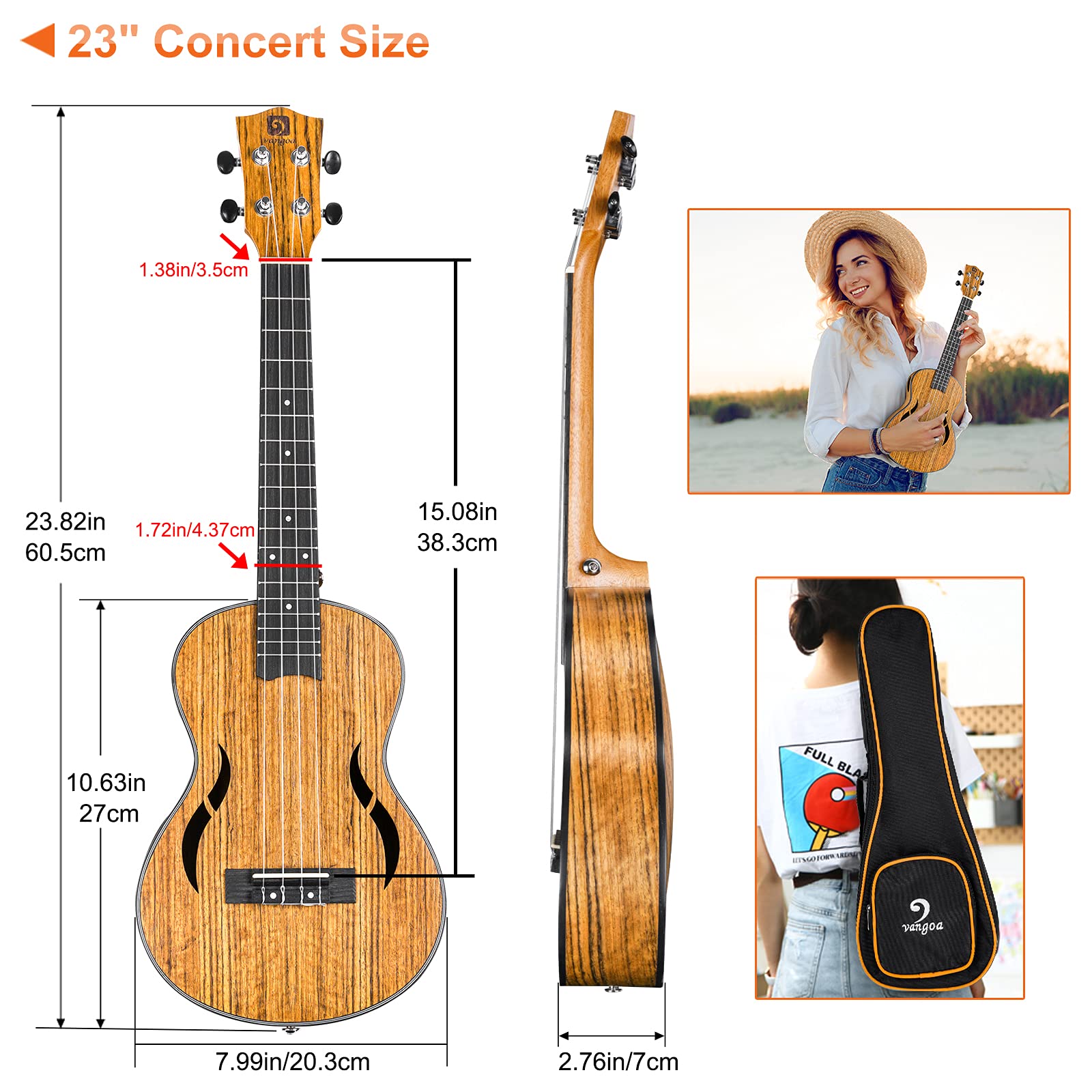 Vangoa Konzert Ukulele 23 Zoll Walnussholz Hawaii Akustik Ukulelen Einsteige Set für erwachsene Teen Studenten mit Gig Bag, Natürlich