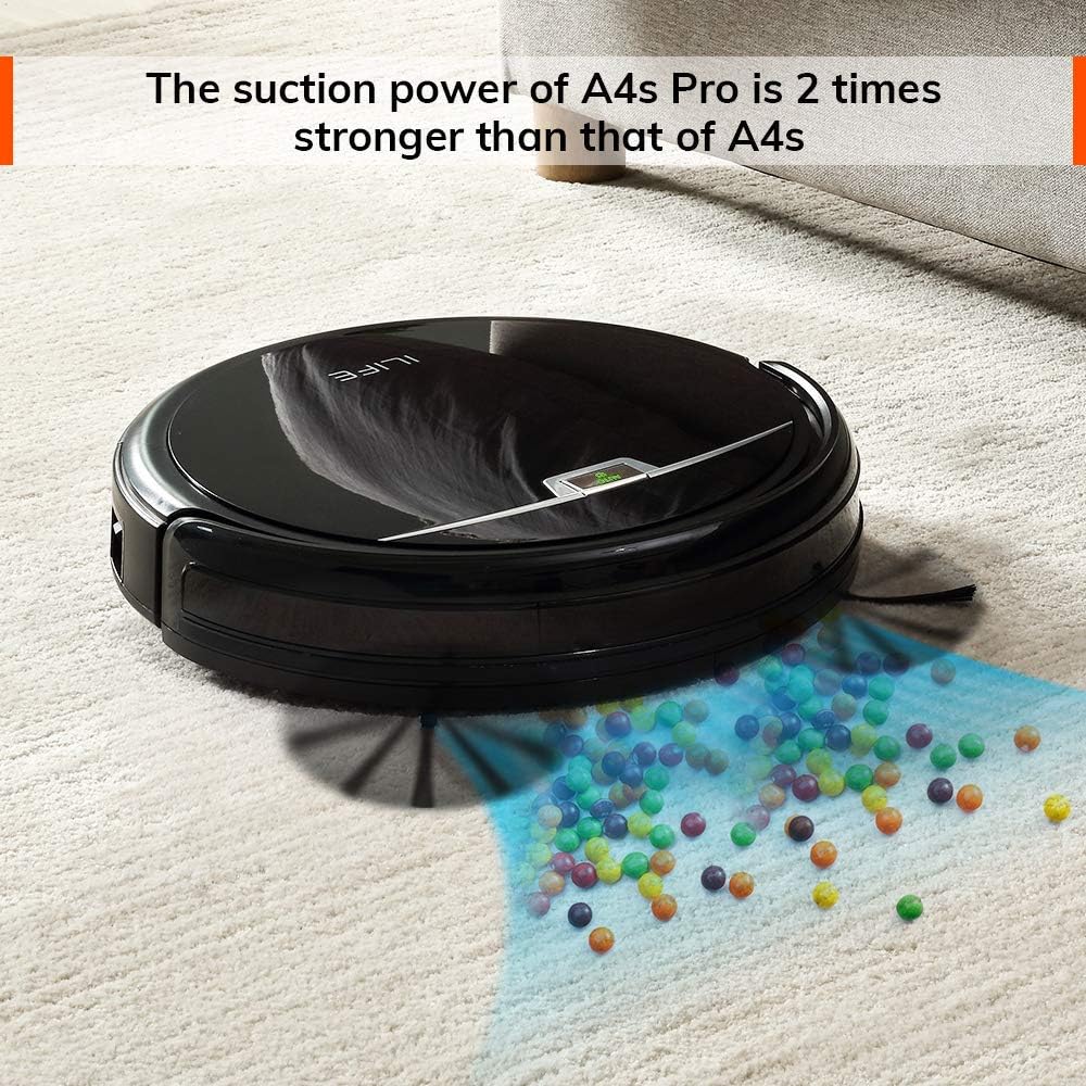 ILIFE A4s Pro Robot Vacuum, 2000Pa Max Suction, ElectroWall, Remote Control, Slim, Thin, Quiet, Self-Charging, Smart, Ideal for Hard Floor to Medium Carpet, Black (Renewed)