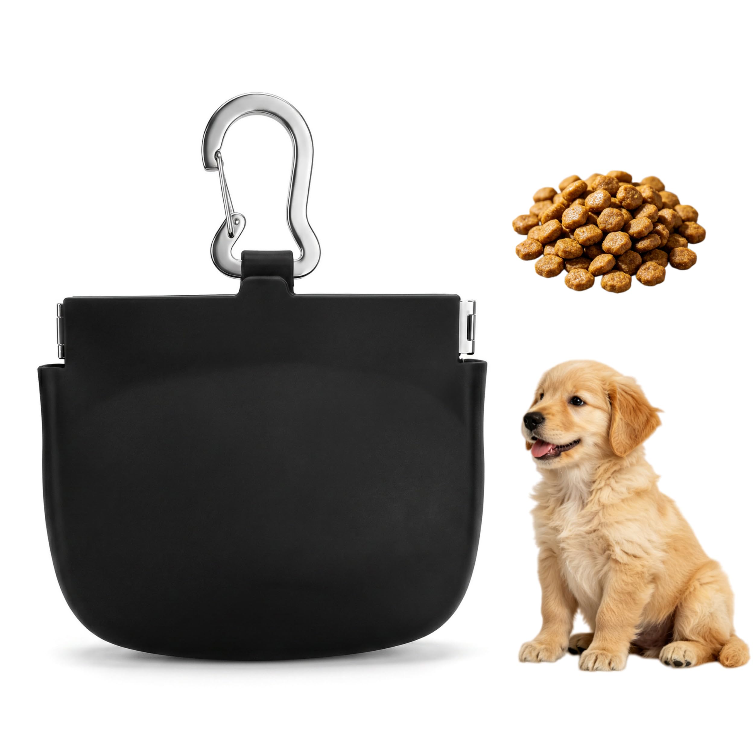 Dog Treat Pouch, Silicone Treat Pouch for Dog Training, Portable Training Treat Bag with Carabiner Clip, Leakproof Dog Walking Bag for Daily Walks, Travel and Outdoor Dog Training Sessions (black)