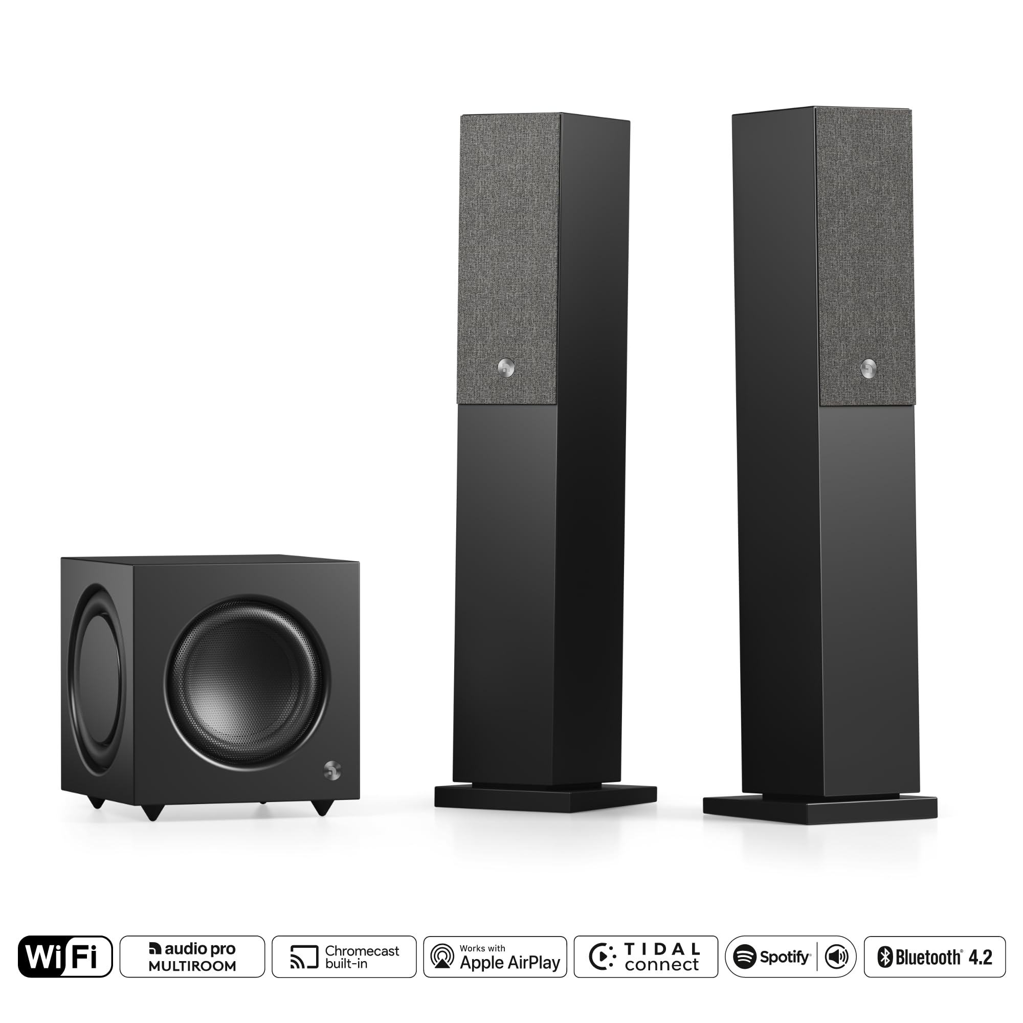 Audio Pro Coppia di Casse Stereo Wireless Multiroom da Pavimento con WiFi, AirPlay2, Google Cast, Spotify Connect, Bluetooth e HiFi - 2 Potenti Altoparlanti per Musica e Audio TV A38 - Nero