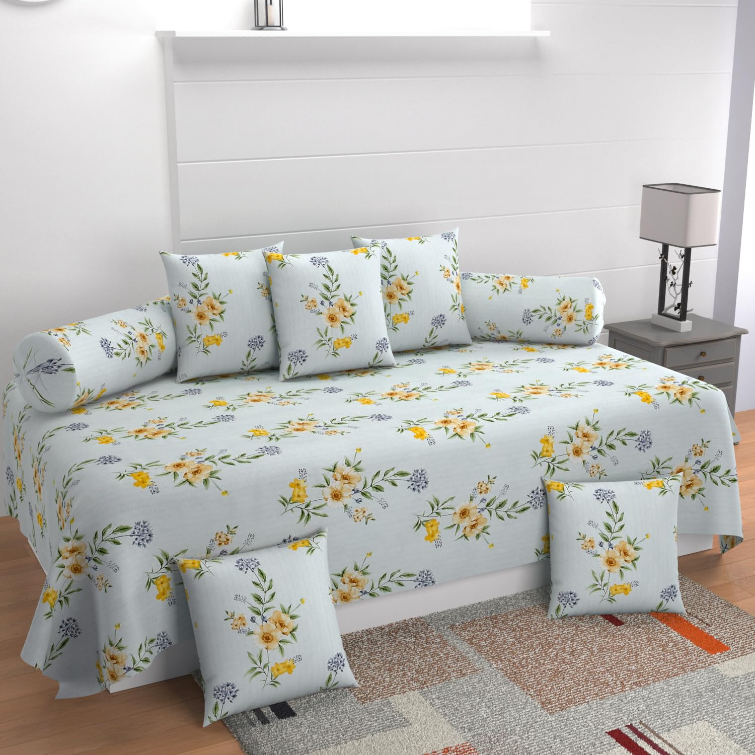 Floral Diwan Set with 5 Cushions and 2 Bolsters, Light Blue with Yellow Flowers-image-0