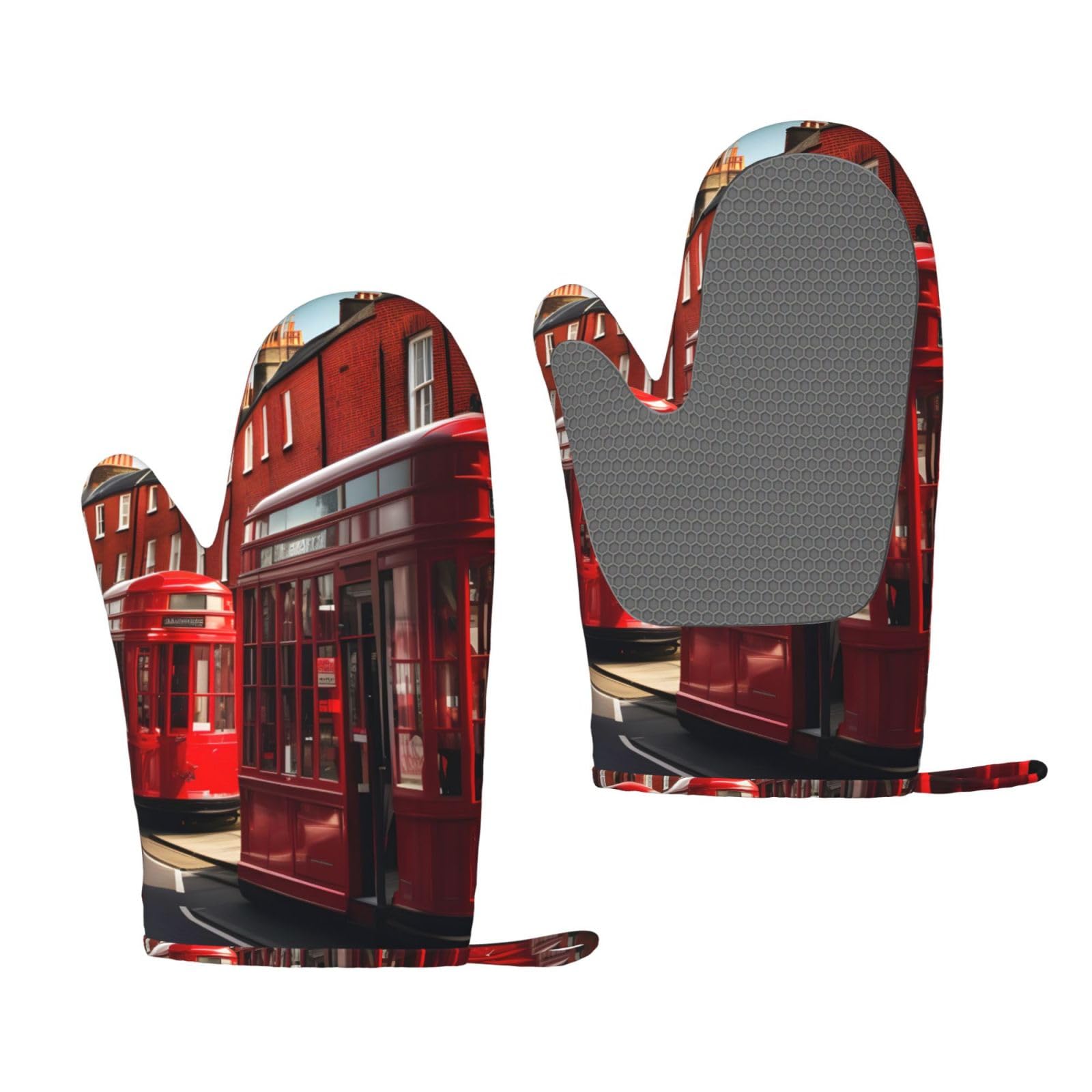 Red London Street Print Oven Mitt Non-Slip Heat-Insulating Silicone Ovens Mitts Kitchen
