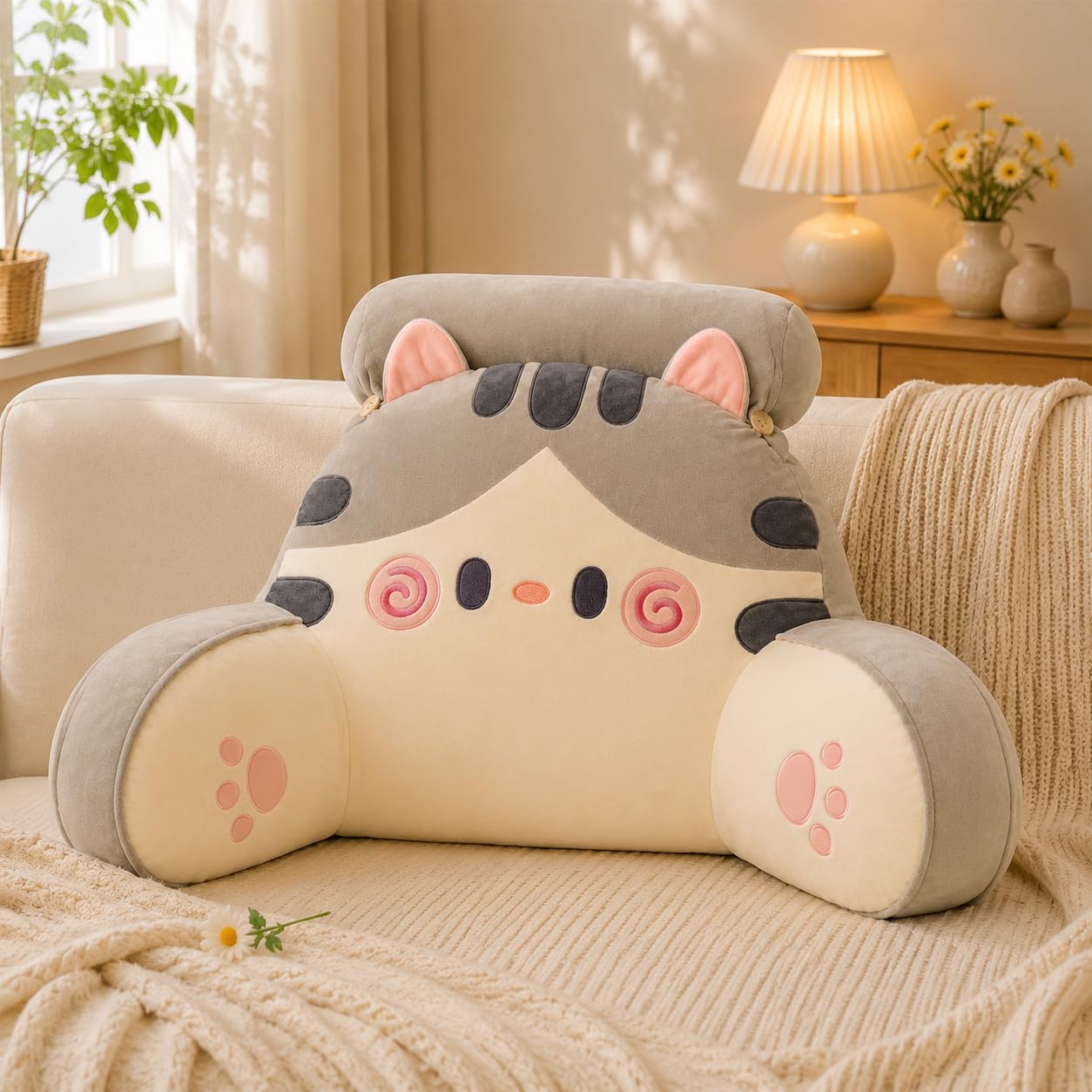 Azmaht Grey Cat Cuddle Cushion Reading Pillow In Soft Plush And Pp Cotton, Washable Back Support Cushion, Cosy Support Pillow, Lounger Back Support Pillow For Adult Bedrest,,75X50cm