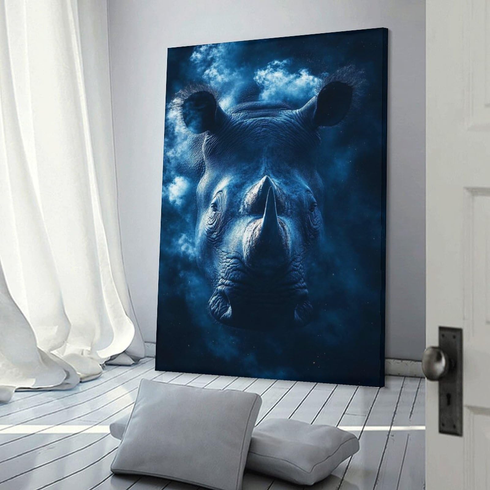 Junmoney Blue Rhino Portrait with Cloud Background Home Decor Wall Art, 24x36inch(60x90cm), for Apartments, Flats Or New Home Decor, An Easy Choice for New Home Styling