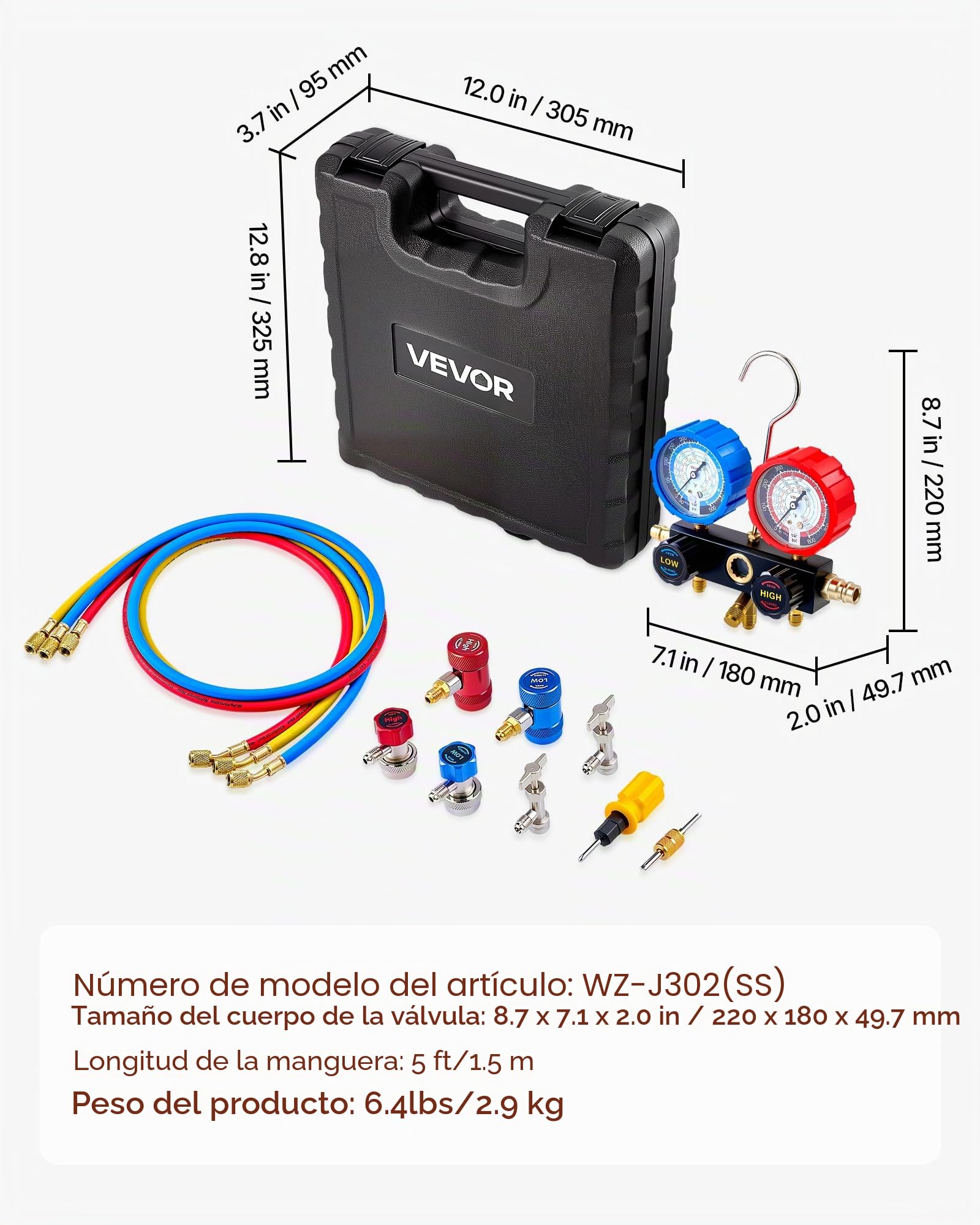 VEVOR Juego de Manómetros de 3 Vías para Carga de Refrigeración R134a R404A R1234yf R22, con Manguera de 1,5 m, Adaptadores, Acopladores Rápidos, Grifos para Mantenimiento de Aire Acondicionado