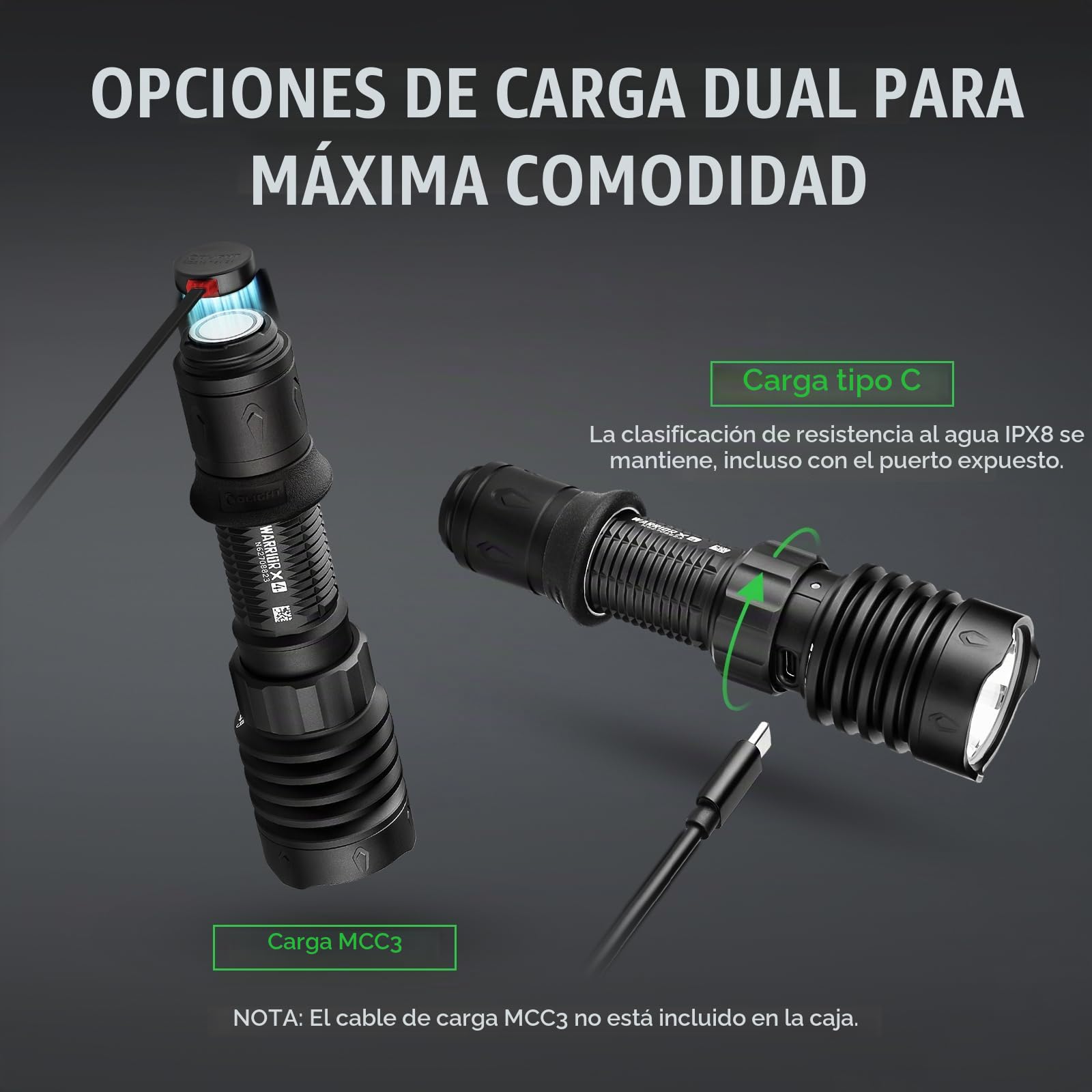 OLIGHT Warrior X 4 Linterna Potente Táctica Recargable 2600 LM 630M | Carga Mediante USB-C, Incluye Funda de Cuero, Resistente al Agua IPX8, Para Actividades al Aire Libre, Campismo y Cacería