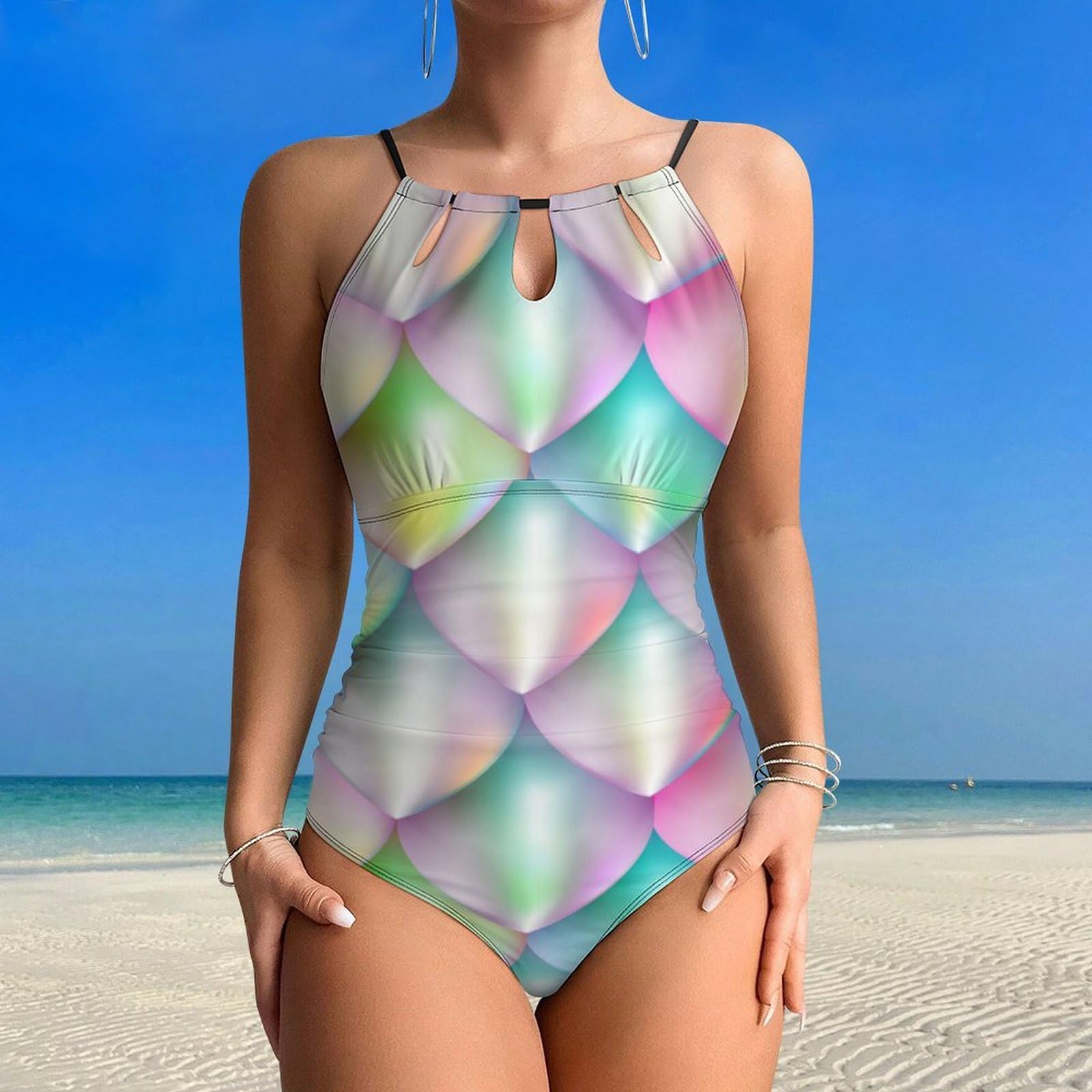 Farbige Meerjungfrauenflosse Damen Einteilige Badeanzug Bademode Bauchweg Swimsuit Schwimmanzug Tankini