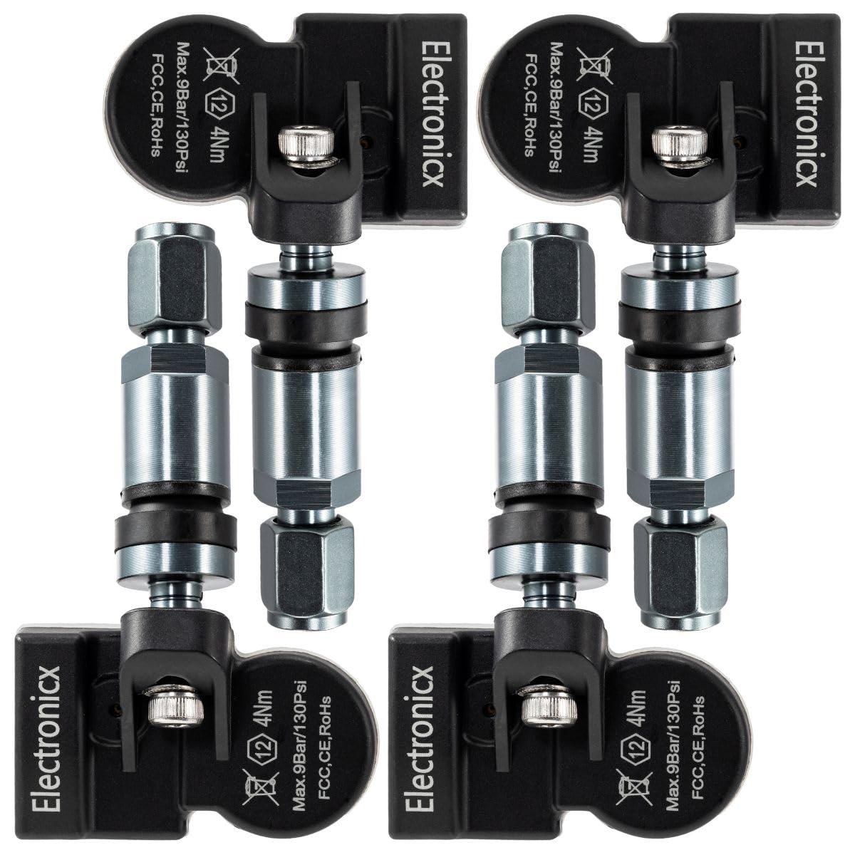 Electronicx 4 x czujnik TPMS TPMS czujnik ciśnienia w oponach 433 MHz wstępnie zaprogramowany zawór metalowy Gunmetal zestaw 4-częściowy zamiennik do felg aluminiowych, felg stalowych