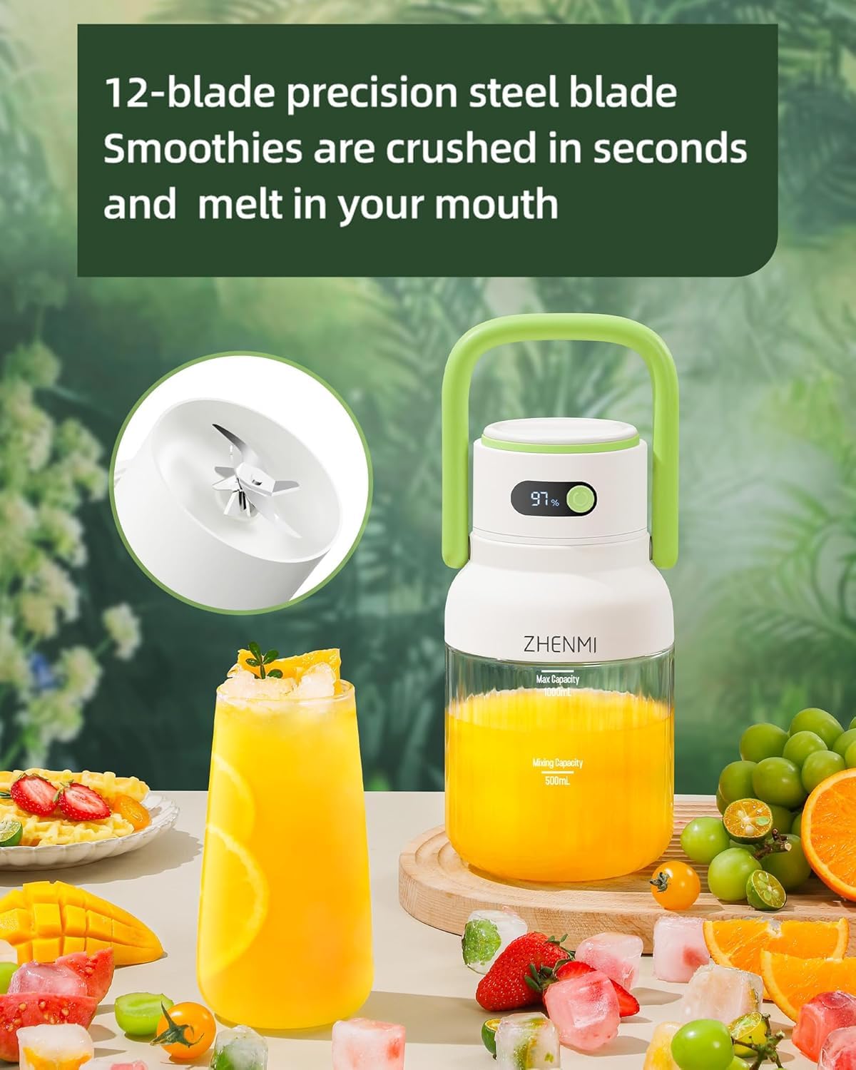 Centrifugeuse Portable pour Jus de Fruits et Légumes, Moulinette Personnelle pour Smoothies et Milkshakes, Mixeur à Boire Rechargeable, Couvercle Étanche avec Bec Verseur, Charge par USB-C pour Voyage