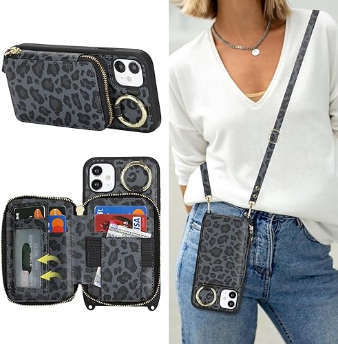 Miniatura 51 de Funda Cartera Bandolera para iPhone 11, Cuero PU Cremallera Bolso Cartera Funda Plegable con Tapa, Funda Folio con Soporte con Ranuras para Tarjetas