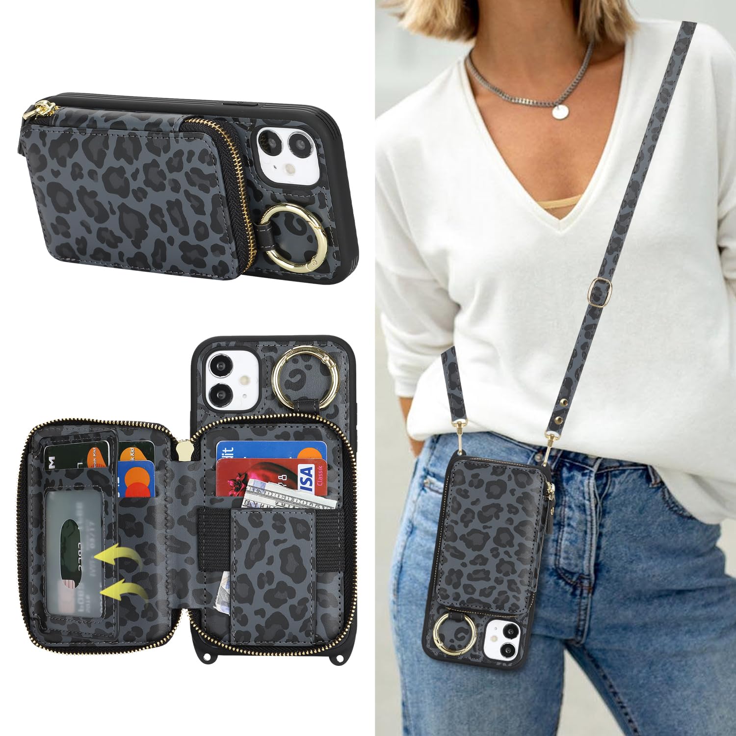 Crossbody Wallet Case for iPhone 11-Black Leopard