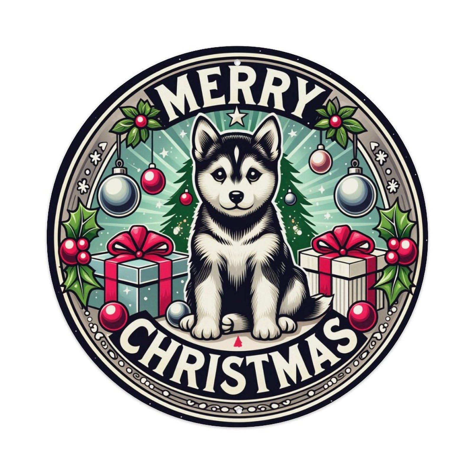 Merry Christmas Husky Puppy Gift Round Tin Sign Vintage Metal Poster, Home Bar Garage Man Cave Cafe Indoor & Outdoor Wall Decoration 8x8Inches