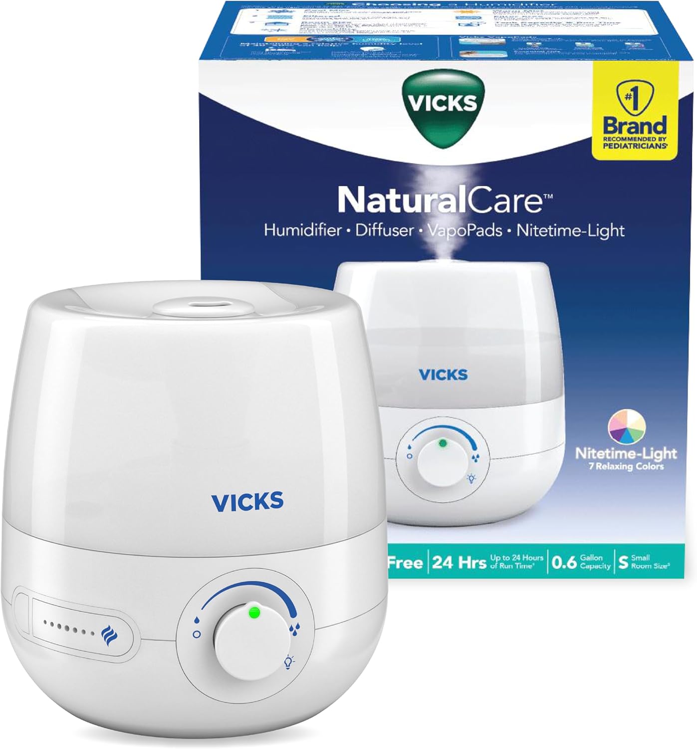Vicks NaturalCare Cool Mist Ultrasonic Humidifier (VUL530), White, Small Room – Humidifier and Diffuser with Nighttime Light, Works with Vicks VapoPads