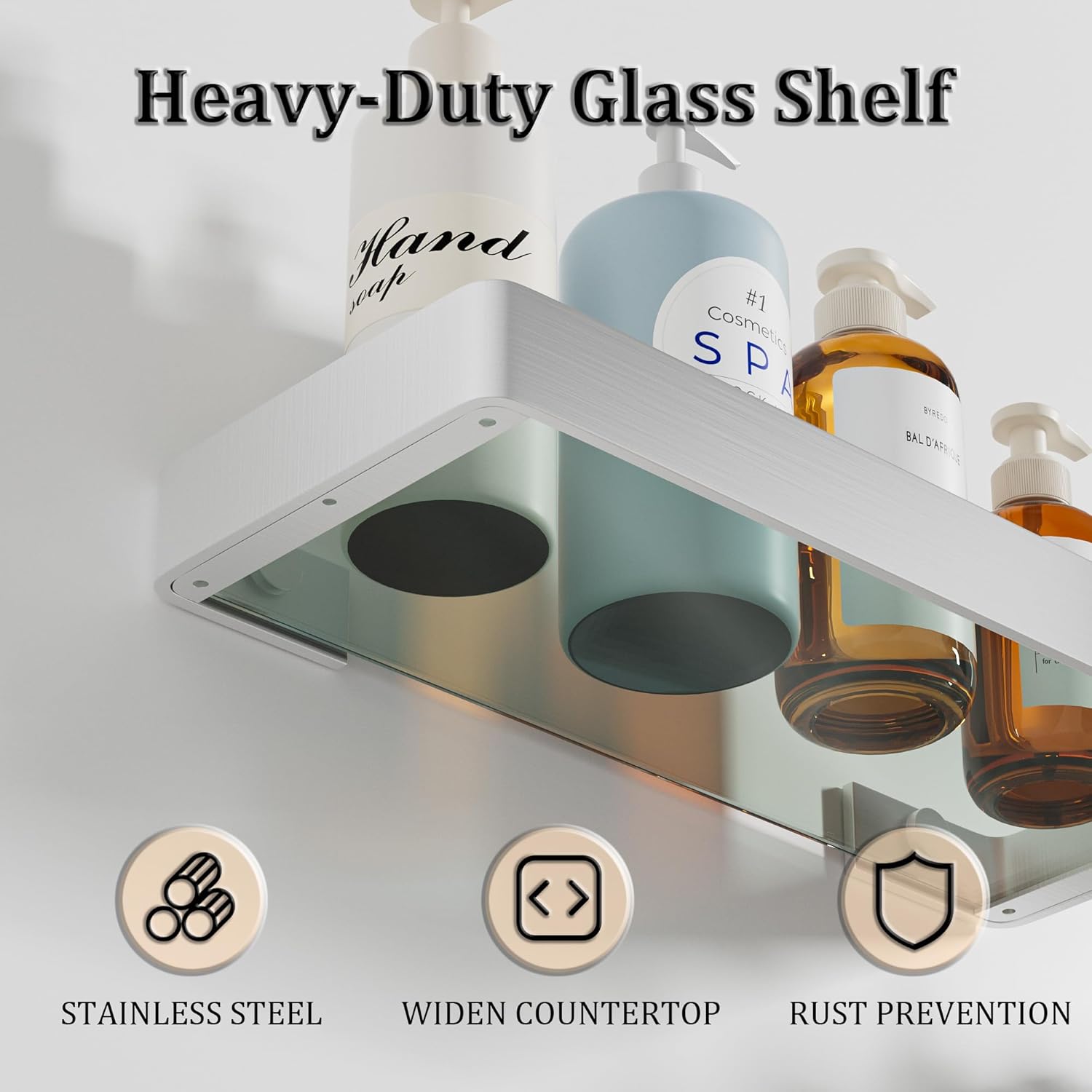 Alise Bathroom Shelves, Brushed Nickel Glass Floating Shelves for Bathroom Wall Mounted Bathroom Shelf Over Toilet,SUS304 Stainless Steel Wall Shelf with Glass for Shower,Vanities,Kitchen,11.8 inch