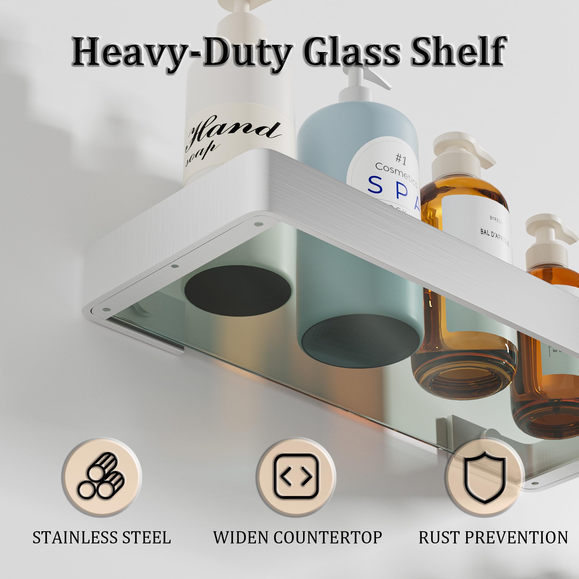 Alise Bathroom Shelves Brushed Nickel Glass Floating Shelves for Bathroom Wall Mounted Bathroom Shelf Over Toilet SUS304 Stainless — view 8