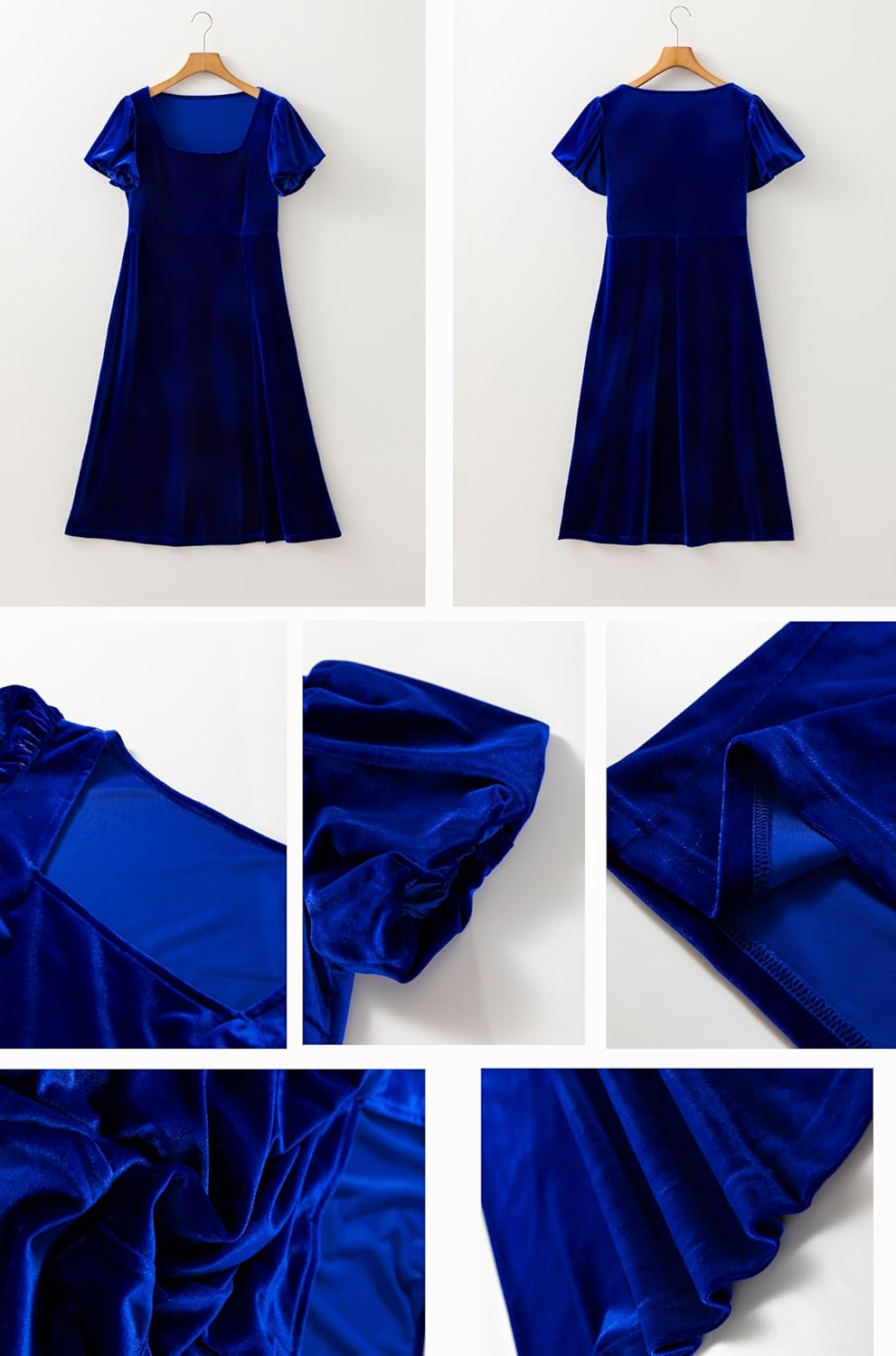 BLENCOT Women's Casual Fall Short Sleeve Square Neck Midi Dress Side Slit Velvet Wedding Guest Flowy Party Dresses - Image 5