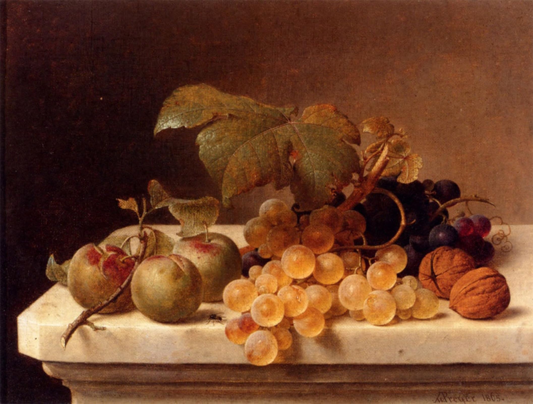 SERENDIPITP Vintage Wall Art Canvas Nordic Poster Canvas Print Picture Still Life with Lady Apples Grapes and Walnuts by Johann Wilhelm Preyer Wall Art Poster for Home Decor 60x90cm