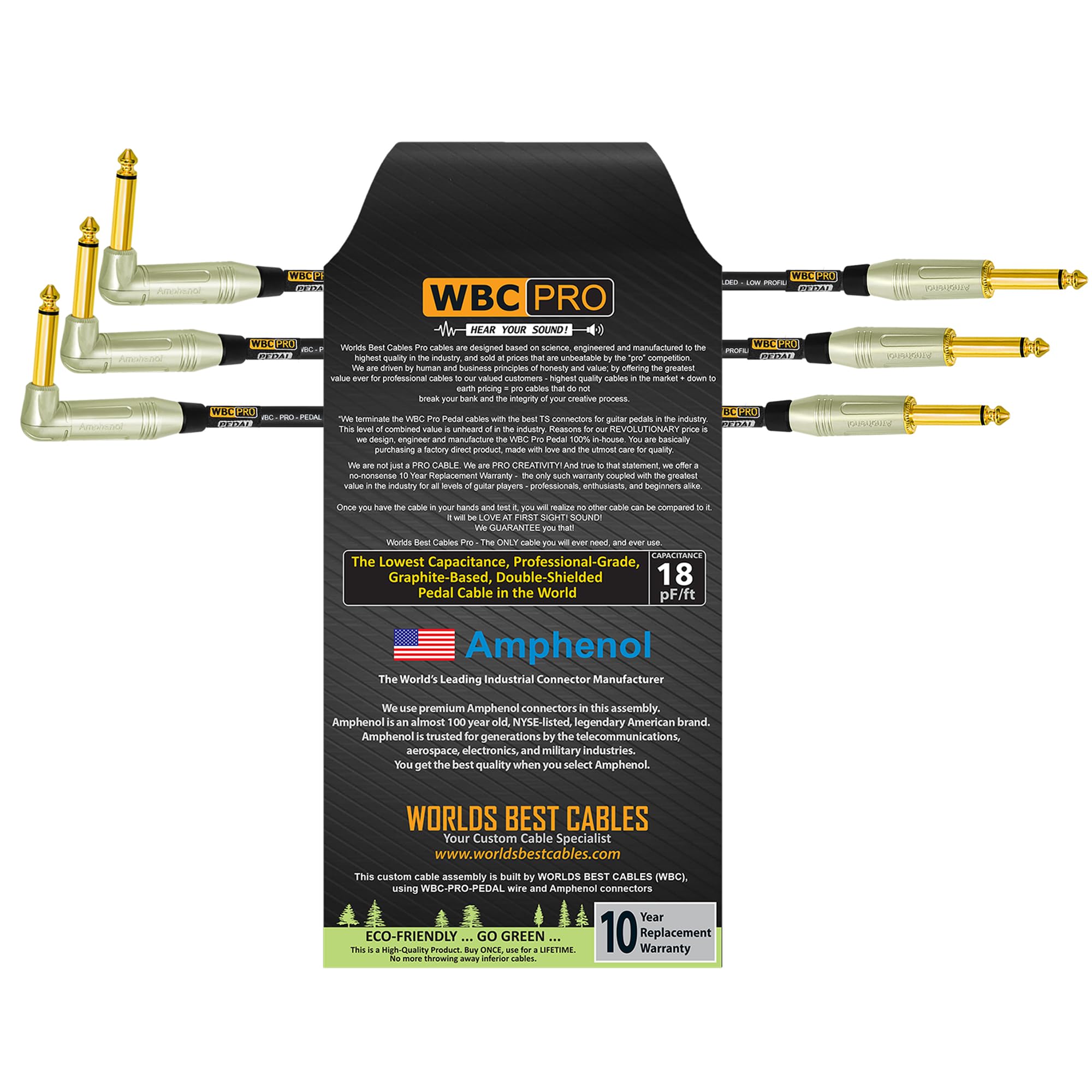 3 unidades, 6 pulgadas, pedal WBC-PRO, 22 AWG, tapa baja (18 pF/pie), grado profesional, basado en grafito, pedal de doble blindaje, efectos, parche, cable de instrumento y conectores TS dorados en