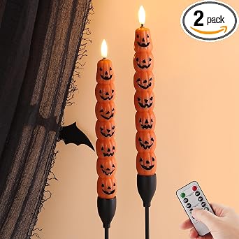 Eywamage Halloween Flameless Taper Candles with Remote, Orange Pumpkin LED Candlesticks Battery Operated Flickering Real Wax Set of 2