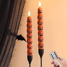 Burnt Orange Pumpkin Halloween Flameless Taper Candles with Remote Set of 2 | Flickering LED Wax Candlesticks, 2 AAA Battery Powered, Seasonal Holiday Home Party Decor
