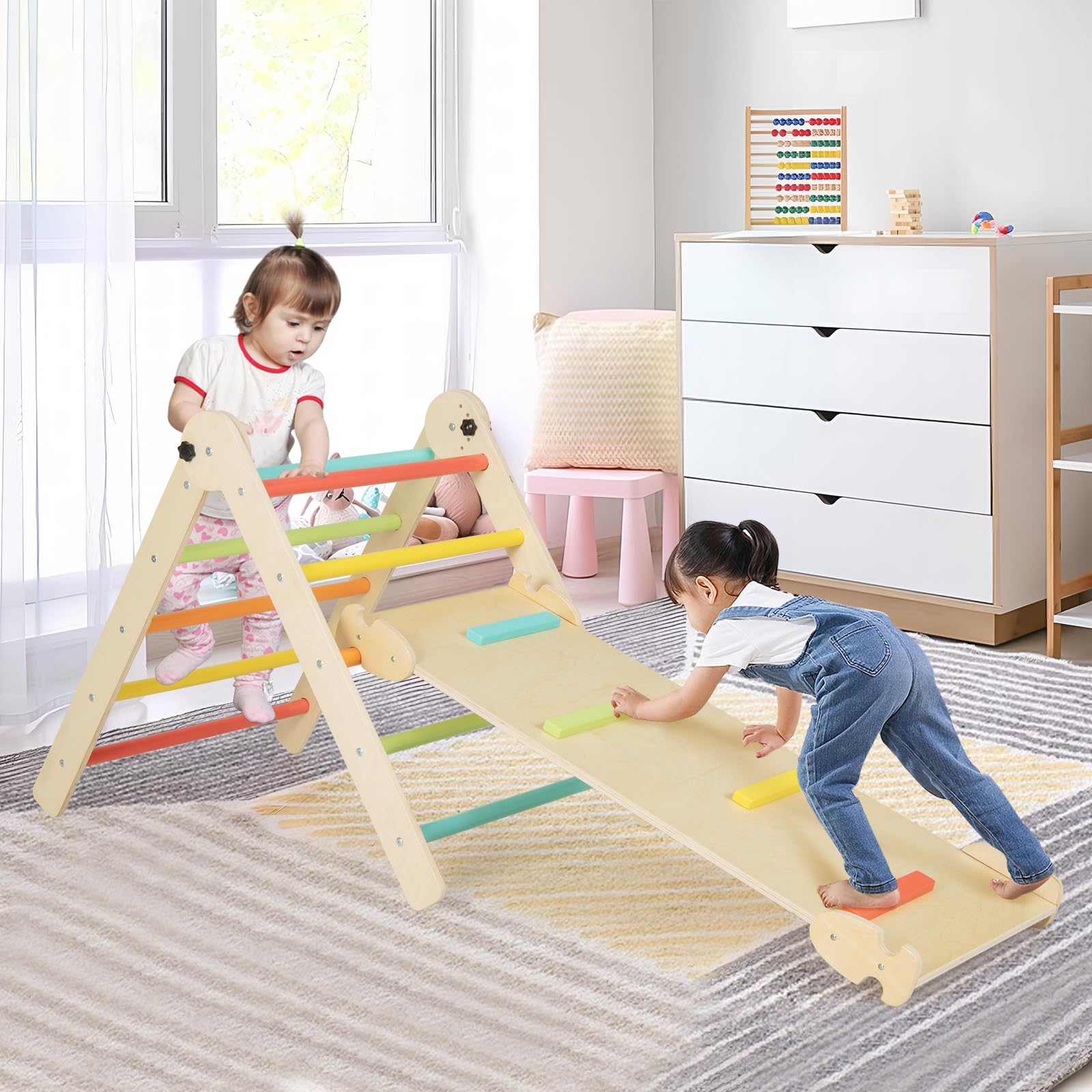 COSTWAY Kletterdreieck mit Rutsche, Sprossendreieck Holz klappbar & höhenverstellbar, inkl. doppelseitige Rampe, zum Klettern & Rutschen, Klettergerüst Indoor ab 1 Jahr (Bunt)