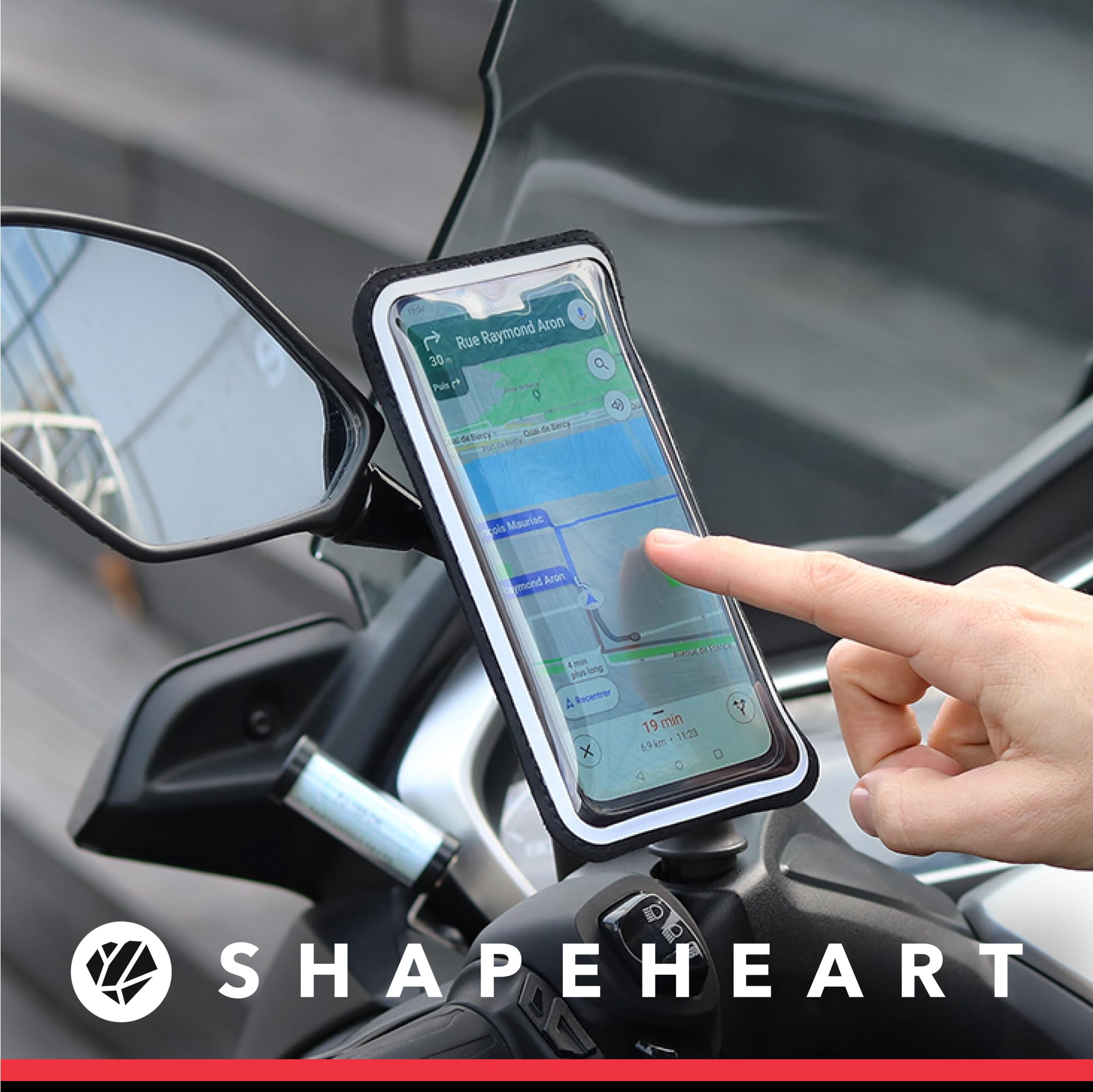 SHAPEHEART Innovación Francesa, Soporte Magnético PRO para Teléfono Scooter y Moto, Bolsa Impermeable Desmontable, Antivibración, Compatible con Cualquier Espejo Retrovisor