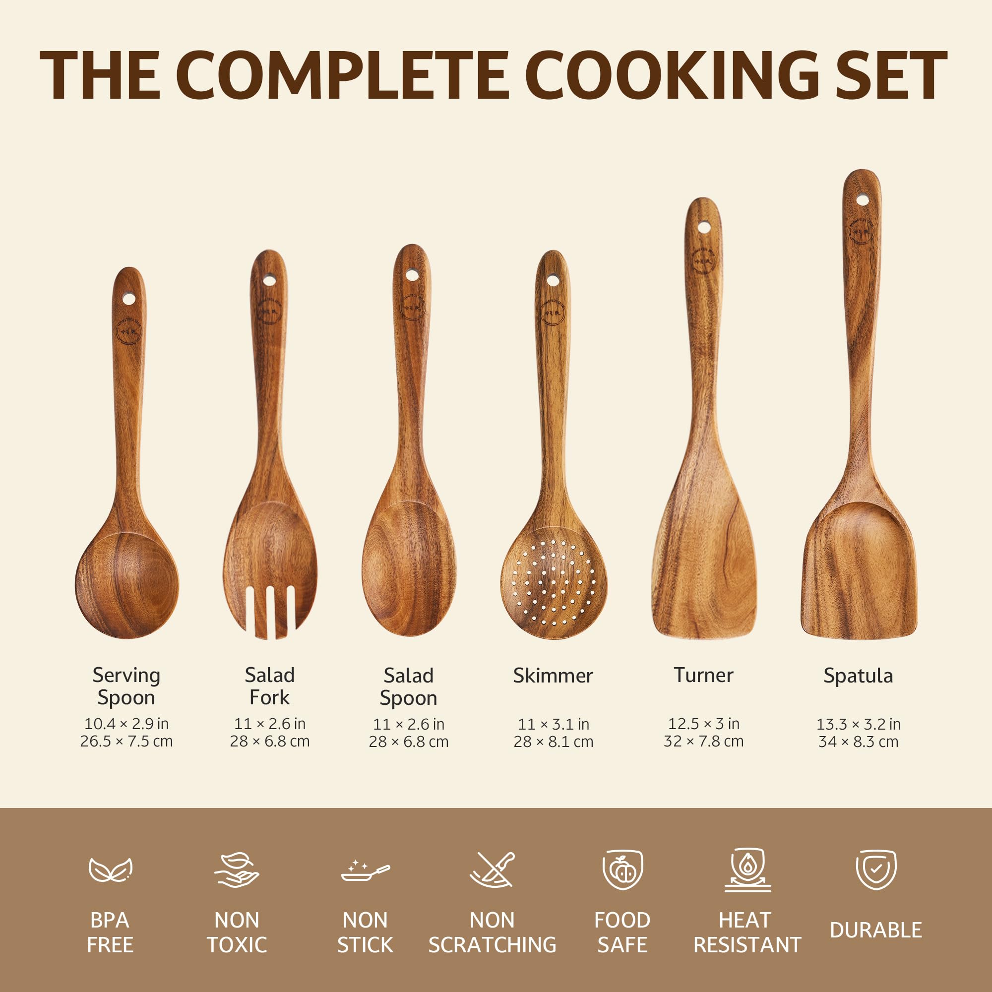 SOOMGYEOL SEOM Juego de utensilios de cocina de alta calidad sin revestimiento, 6 piezas de madera de teca, incluye cucharas de madera antiadherentes que no rayan para cocinar, ideal para regalos de