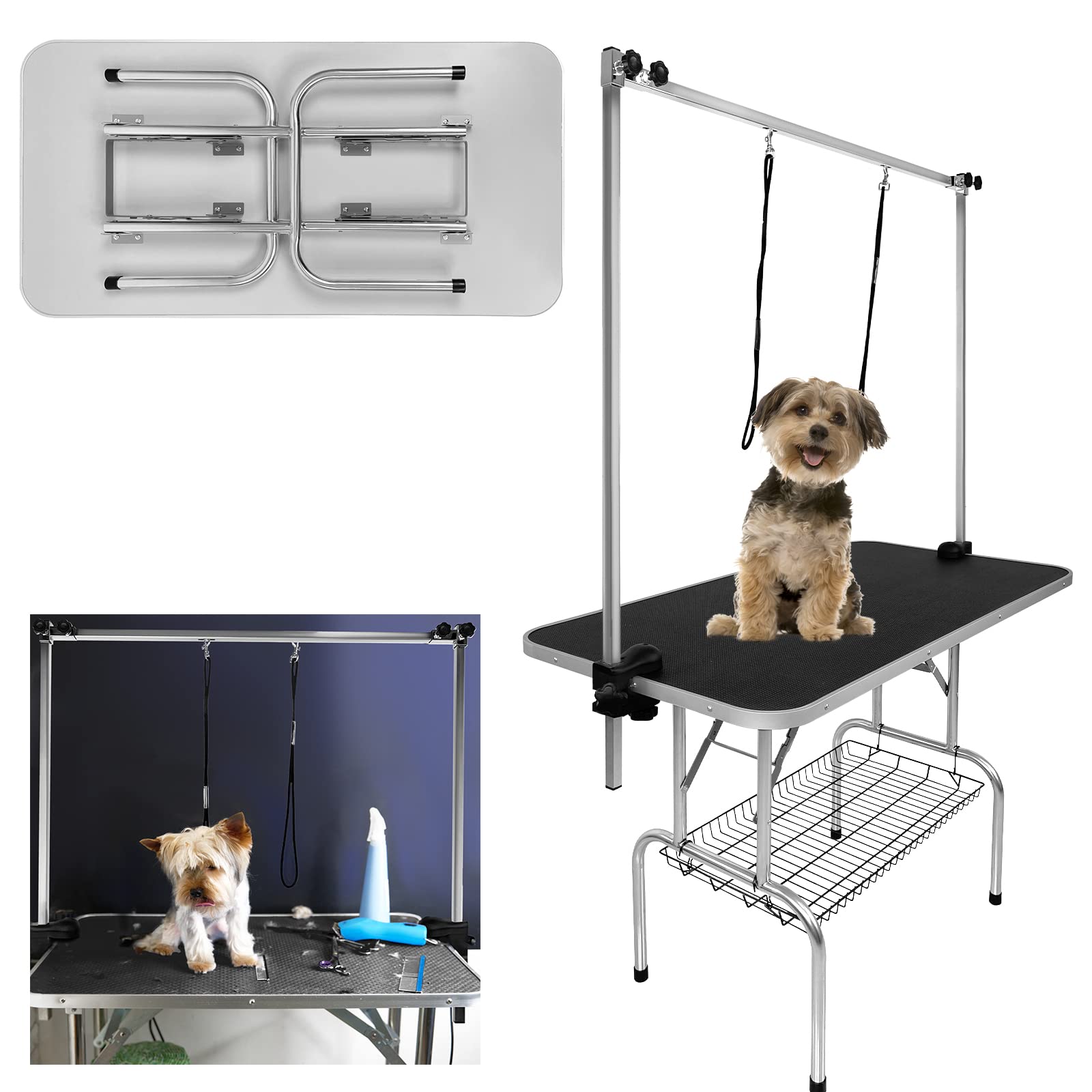 HENGMEI Mesa de Recorte Para Perros, Mesa de Peluquería Canina para Mascotas, Mesa de Recorte Con Brazo de Altura Ajustable, 2 Lazo y Superficie de Goma Resistente a Los Arañazos, 113x60x76cm