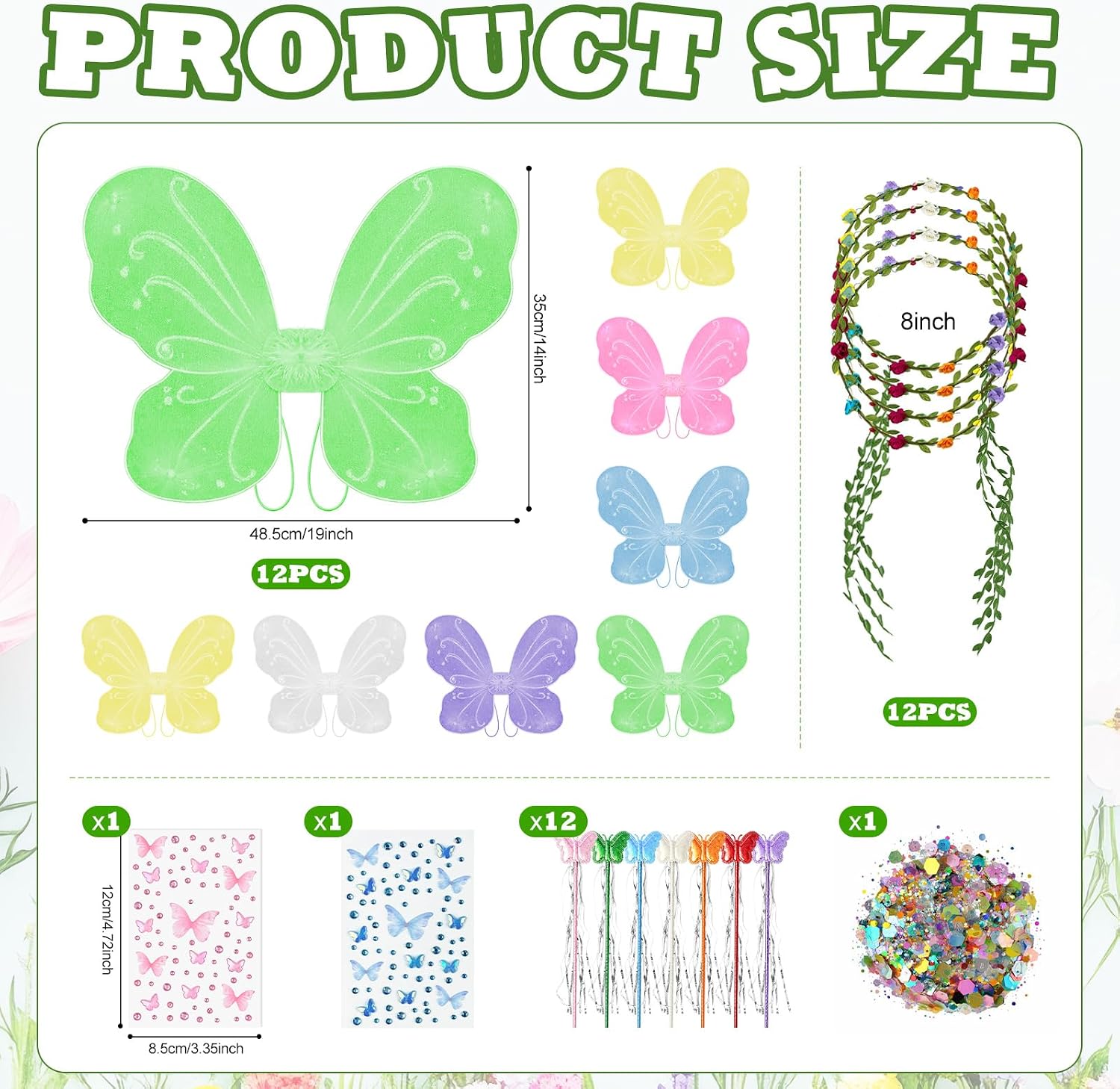 Cinrobiye 12 Set Fairy Wings Costume Set with Butterfly Wings and Flower Crowns for Themed Events, Cosplay Accessories, Festival Decorations and Group Activities