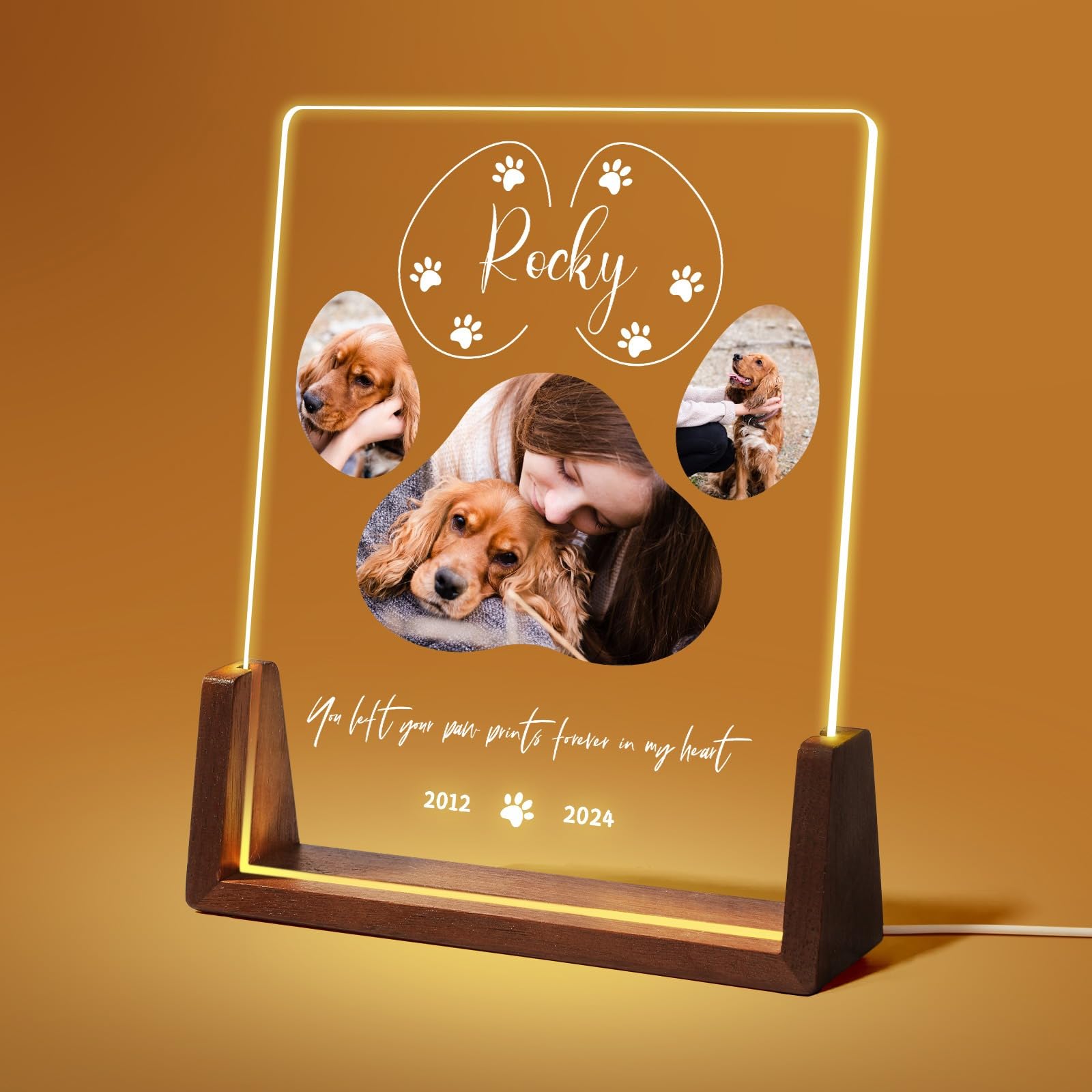 Jodimitty Personalised Pet Memorial Plaque Acrylic Panel optional LED Light & Wooden Base, Custom Color Photo & Name & Life Span & Message, Paw Print Dog Cat Memorial Gifts, 5x7in / 6x8in (Style B)