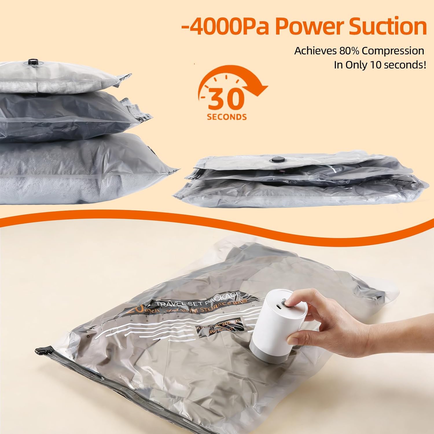 Vacuum Seal Bags For Travel With Rechargeable Cordless Pump, 15 Pack Space Saver Compression Bags For Clothes, Bedding, Blankets, Pillows, Luggage, Travel Vacuum Storage Bag Set